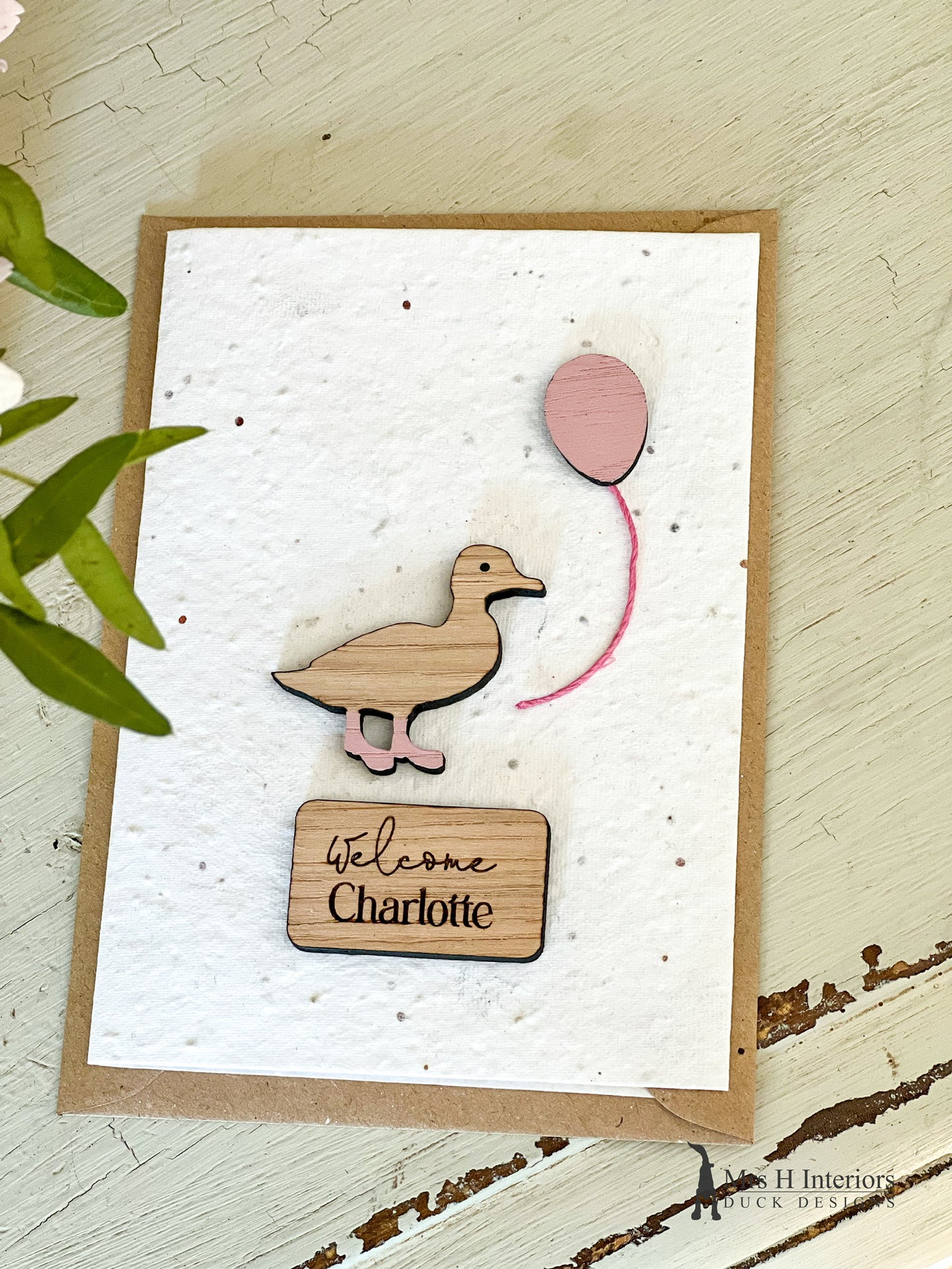 Welcome (personalised name) - Duckling & Balloon - Congratulations New Baby Card - Decorated Wooden Duck in Boots by Mrs H the Duck Lady