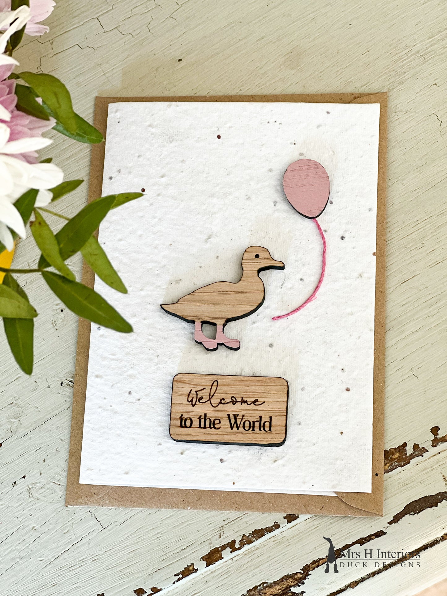 Welcome To The World - Duckling & Balloon - Congratulations New Baby Card - Decorated Wooden Duck in Boots by Mrs H the Duck Lady