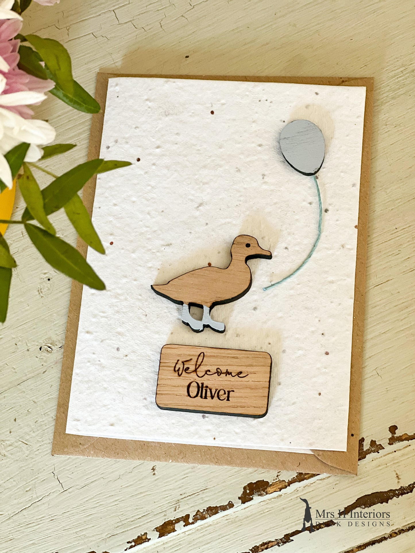 Welcome (personalised name) - Duckling & Balloon - Congratulations New Baby Card - Decorated Wooden Duck in Boots by Mrs H the Duck Lady