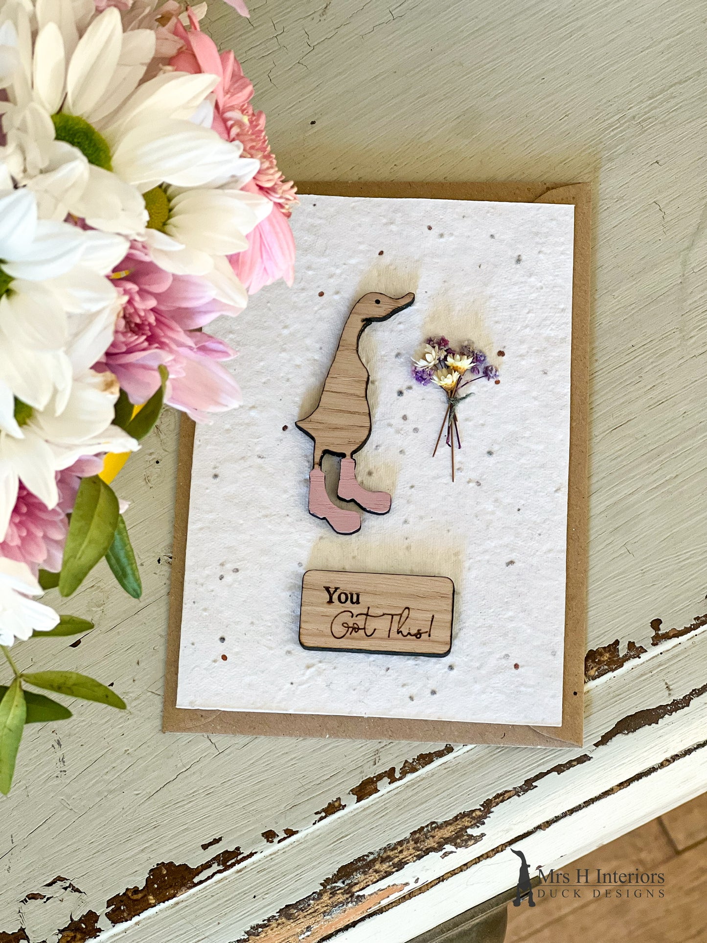 You Got This - Duck with Flowers - Good Luck Card - Decorated Wooden Duck in Boots by Mrs H the Duck Lady