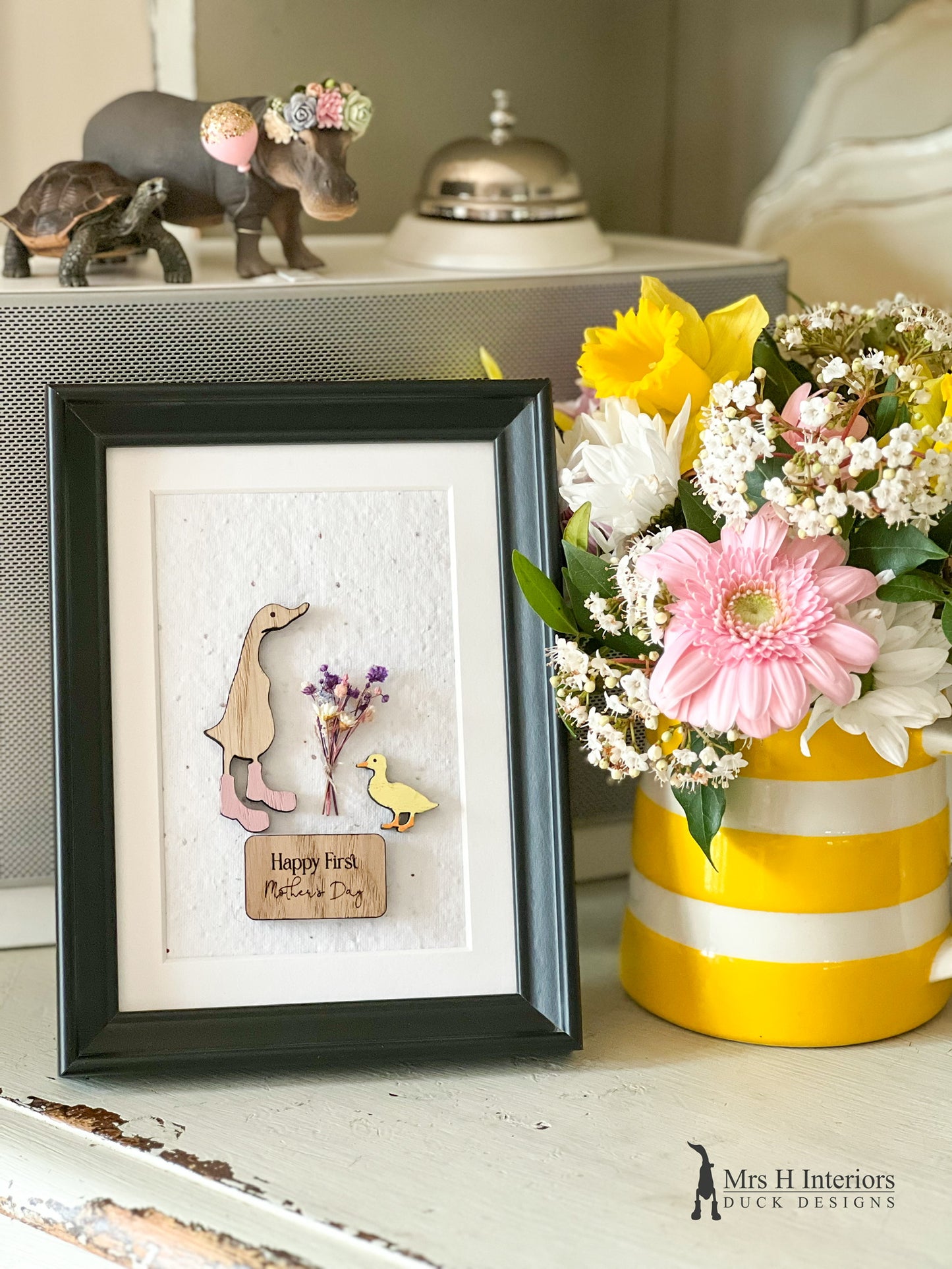 Happy First Mother's Day - Duck with Duckling - Mother's Day Card - Decorated Wooden Duck in Boots by Mrs H the Duck Lady
