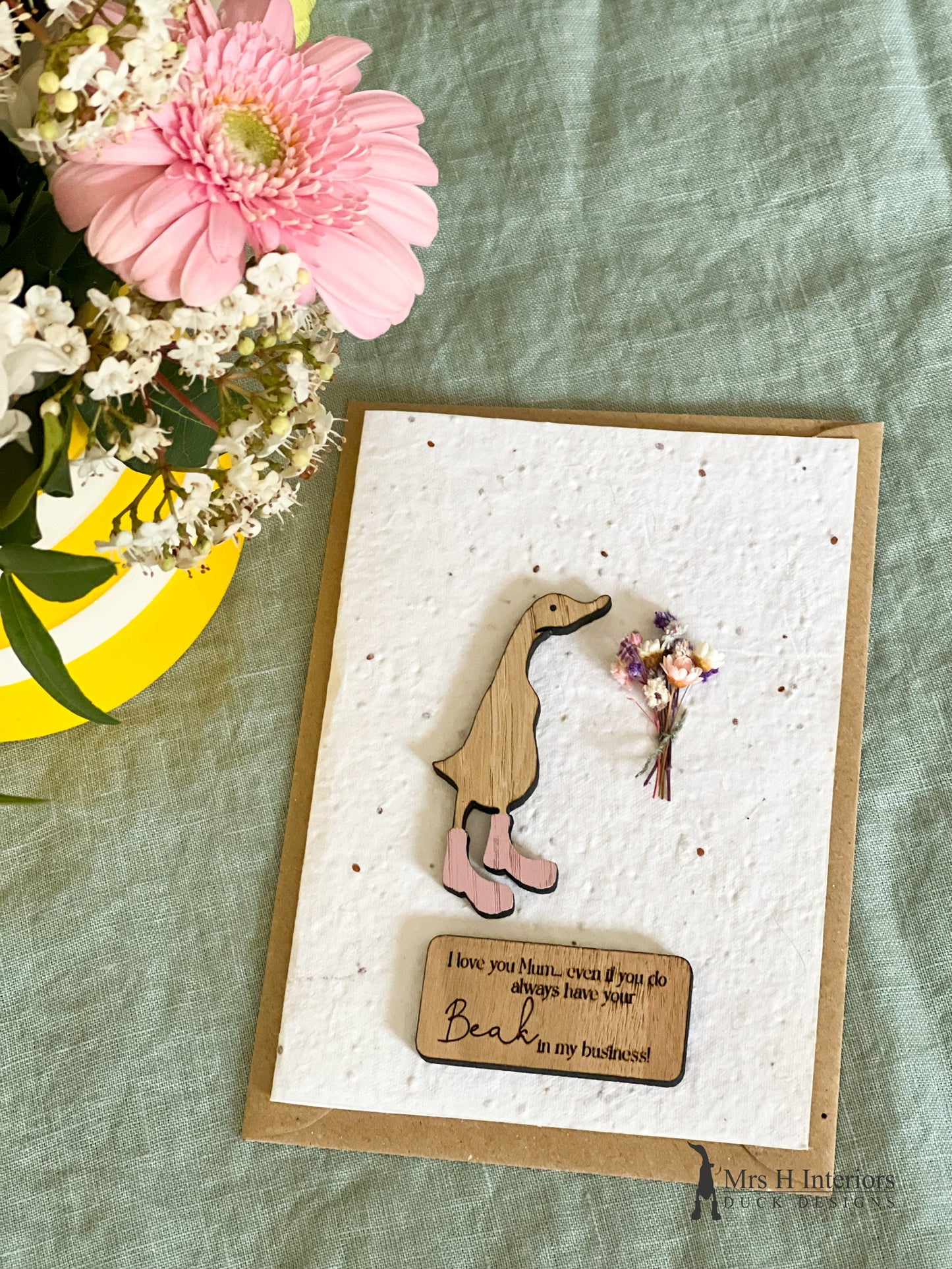 I Love You Mum... - Duck with Flowers - Mother's Day - Decorated Wooden Duck in Boots by Mrs H the Duck Lady Card