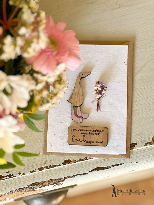 I Love You Mum... - Duck with Flowers - Mother's Day - Decorated Wooden Duck in Boots by Mrs H the Duck Lady Card