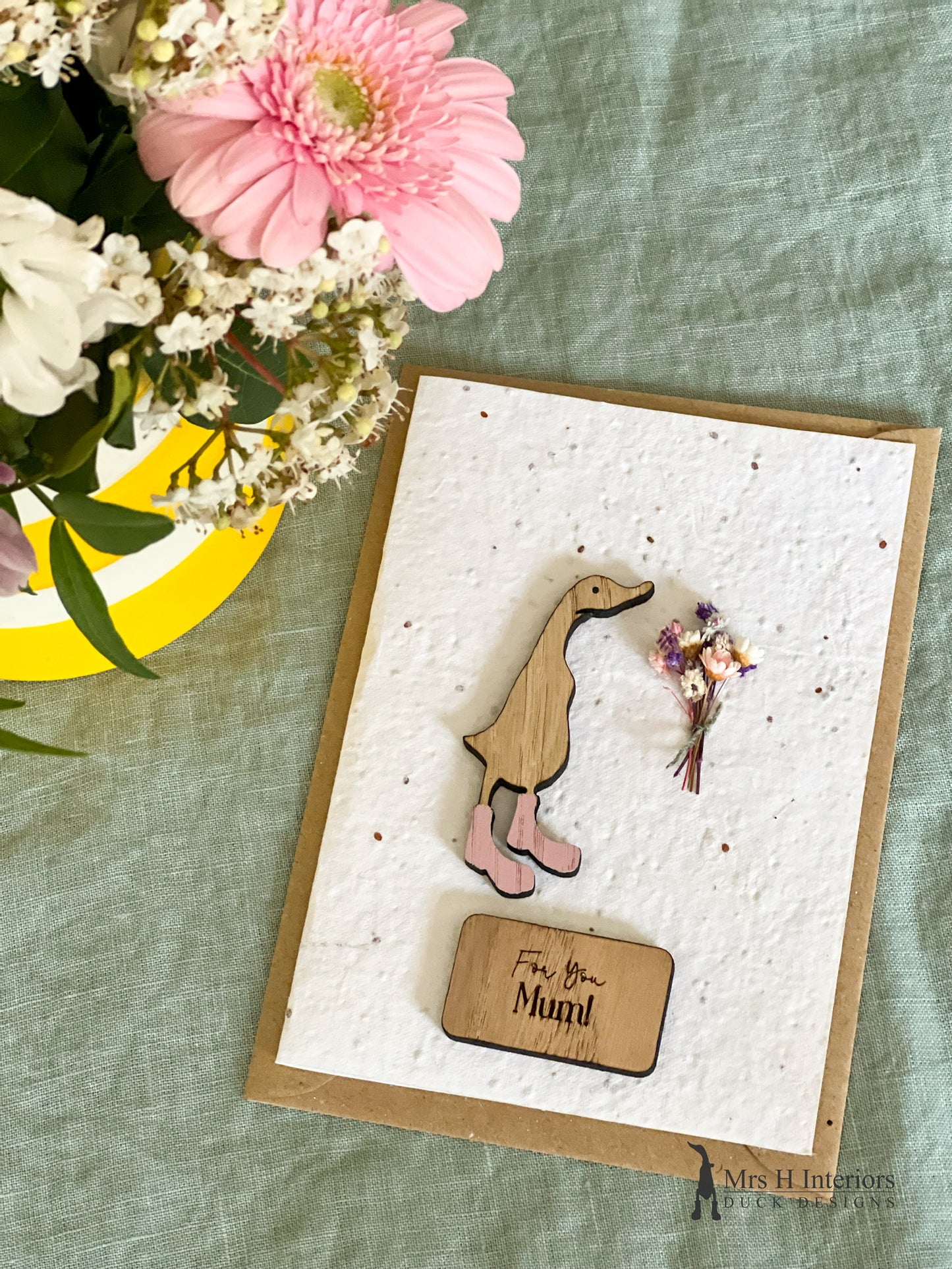 For You Mum - Duck with Flowers - Mother's Day Card - Decorated Wooden Duck in Boots by Mrs H the Duck Lady