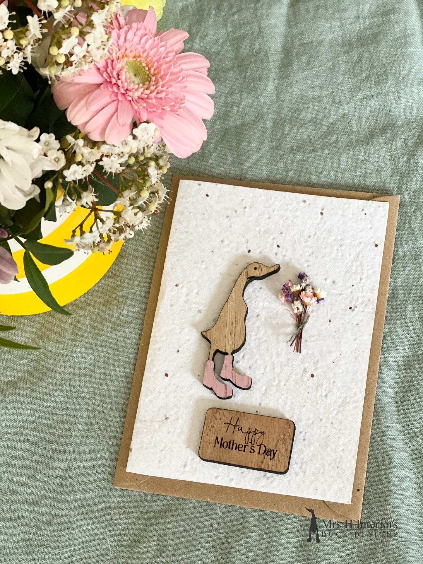 Happy Mother's Day - Duck with Flowers - Mother's Day Card - Decorated Wooden Duck in Boots by Mrs H the Duck Lady