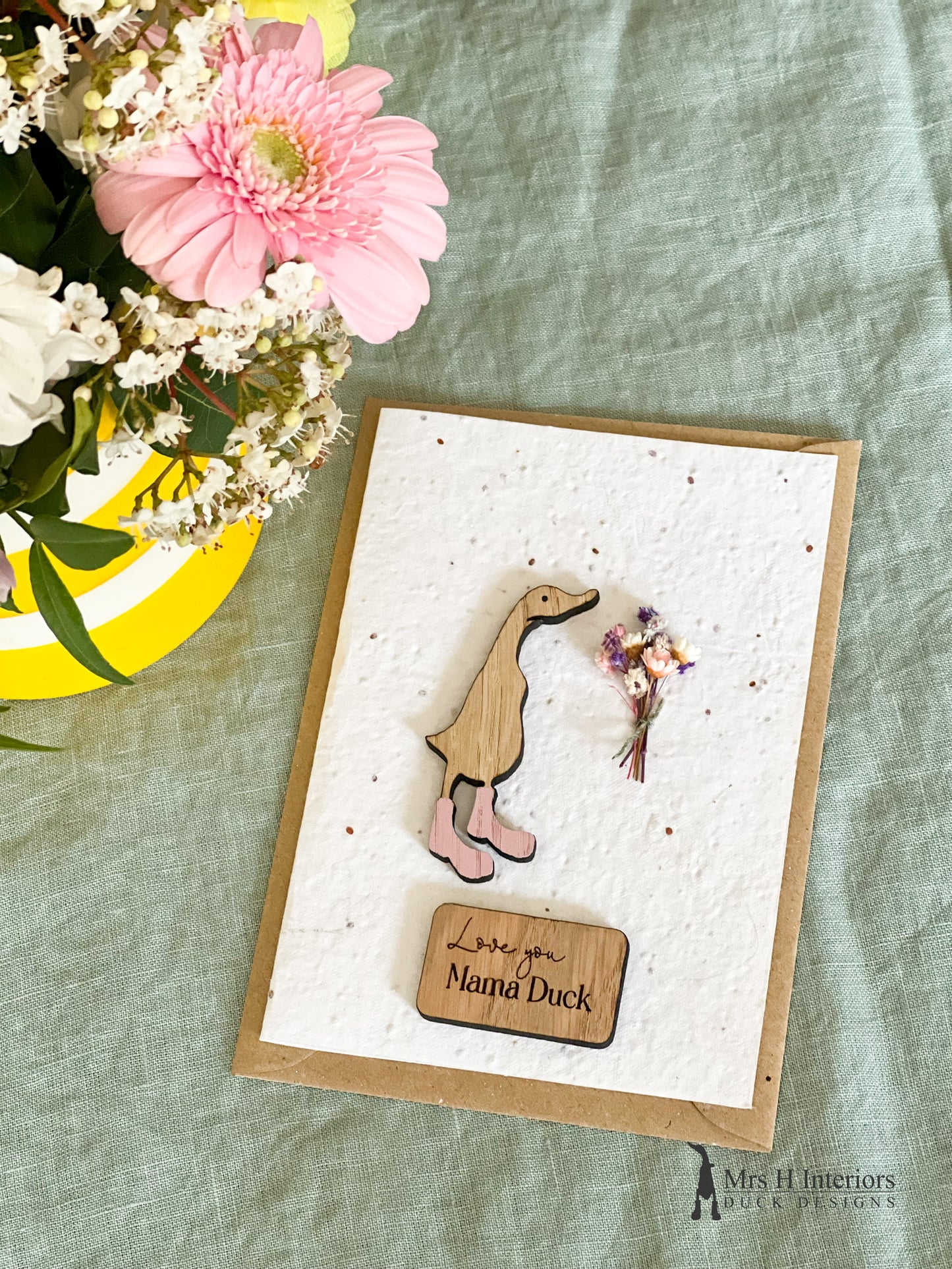 Love You Mama Duck - Mother's Day Card - Duck with Flowers - Decorated Wooden Duck in Boots by Mrs H the Duck Lady
