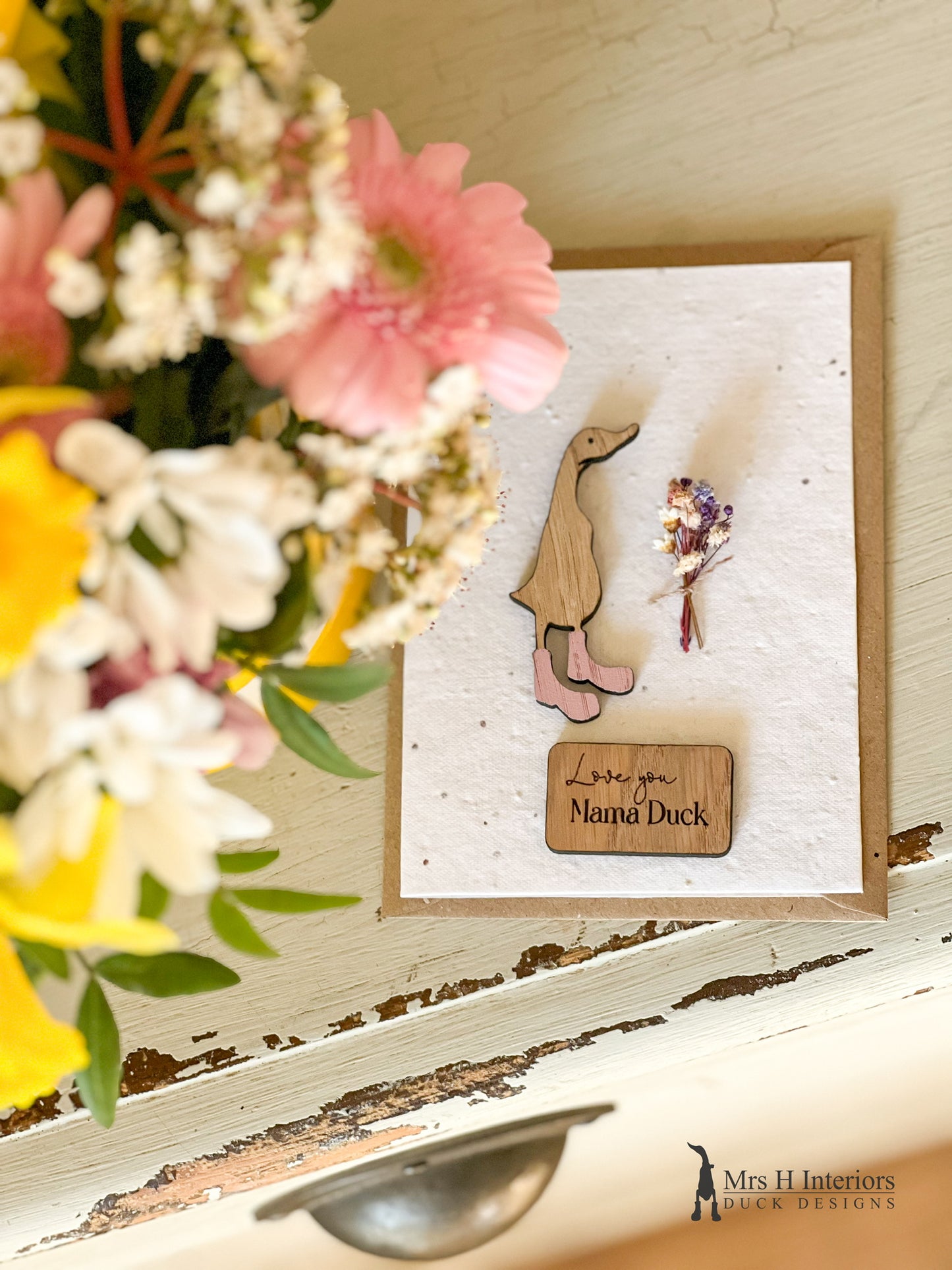 Love You Mama Duck - Mother's Day Card - Duck with Flowers - Decorated Wooden Duck in Boots by Mrs H the Duck Lady