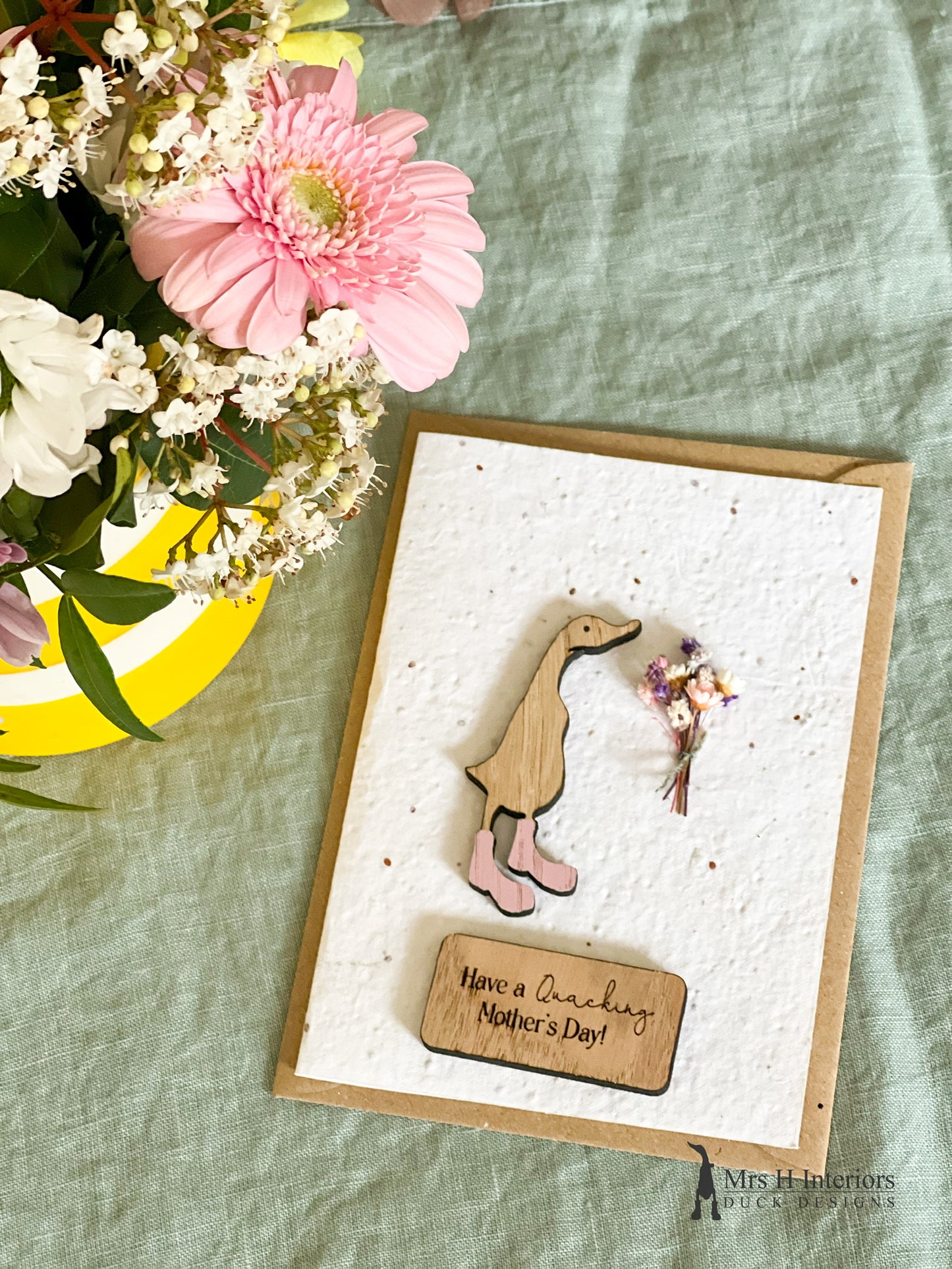 Have a Quacking Mother's Day - Duck with Flowers - Mother's Day Card - Decorated Wooden Duck in Boots by Mrs H the Duck Lady