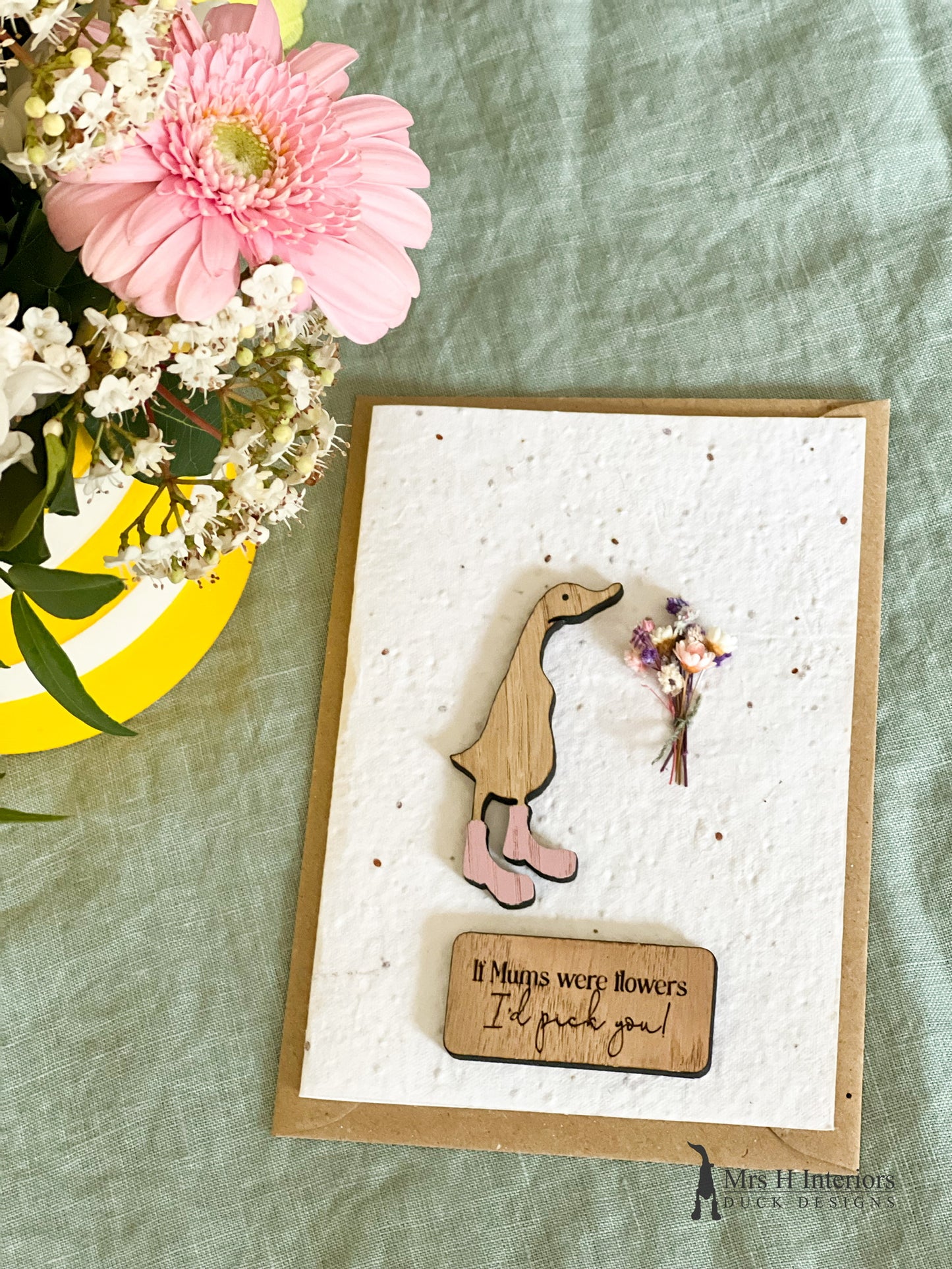 If Mums Were Flowers, I'd Pick You - Mother's Day Card - Duck with Flowers - Decorated Wooden Duck in Boots by Mrs H the Duck Lady