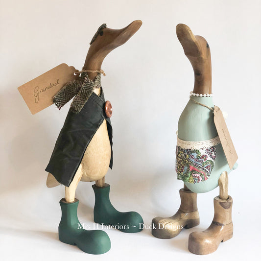 Granny & Grandpa Ducks - Decorated Wooden Ducks in Boots by Mrs H the Duck Lady