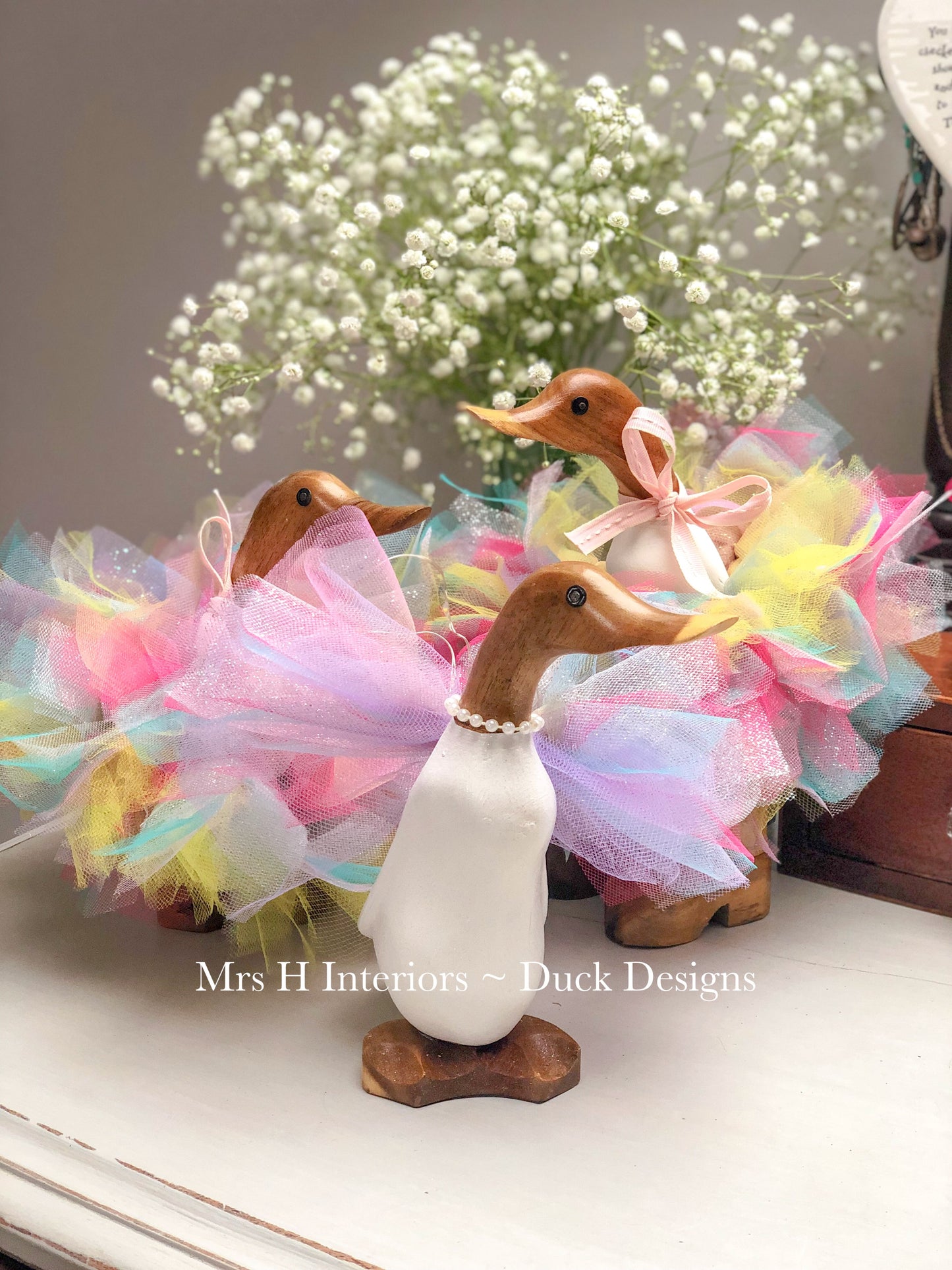 Georgie Rainbow Tutu Ducklet - Decorated Wooden Duck in Boots by Mrs H the Duck Lady