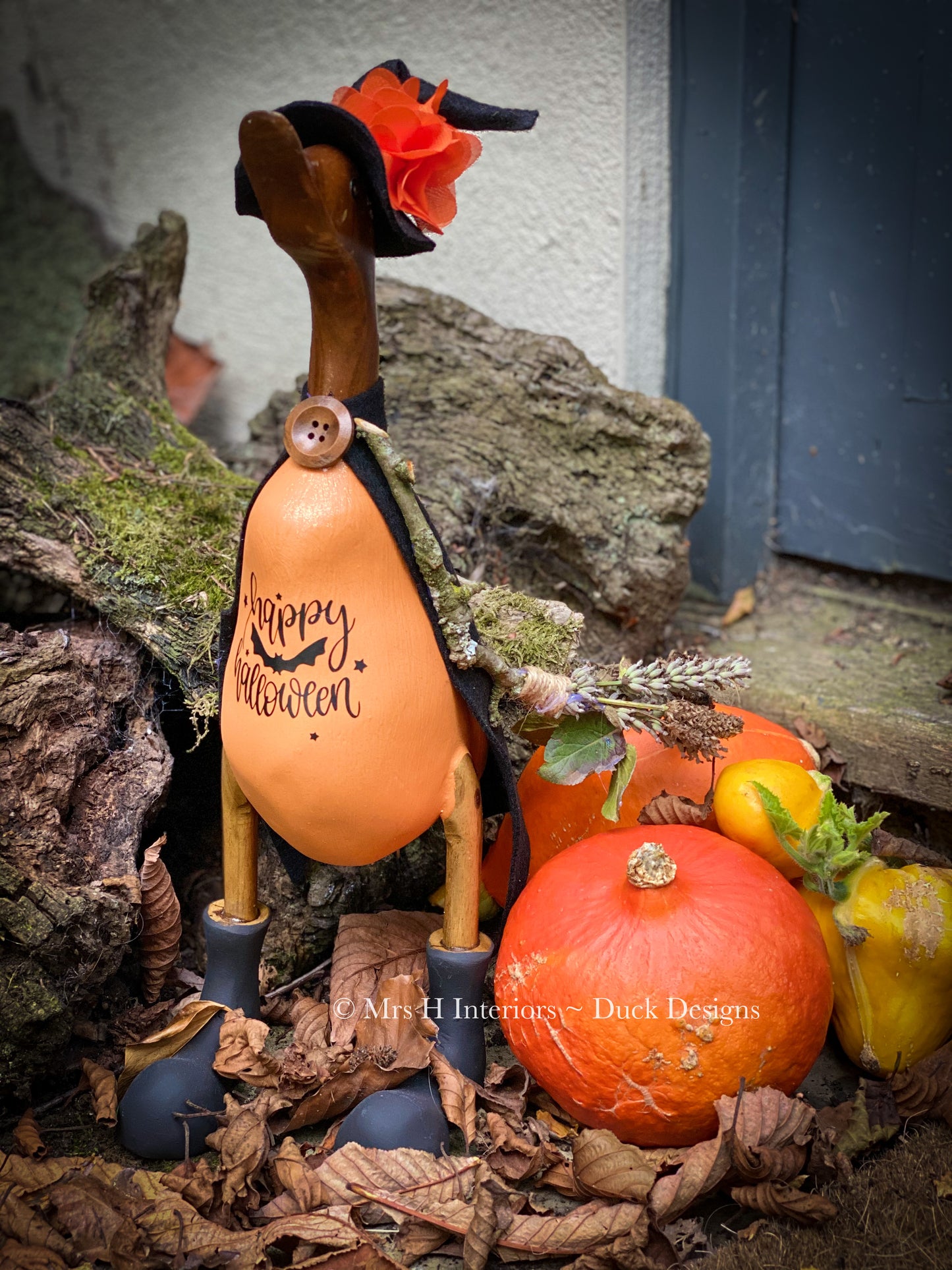 Wilma the wonderful witch - Decorated Wooden Duck in Boots by Mrs H the Duck Lady