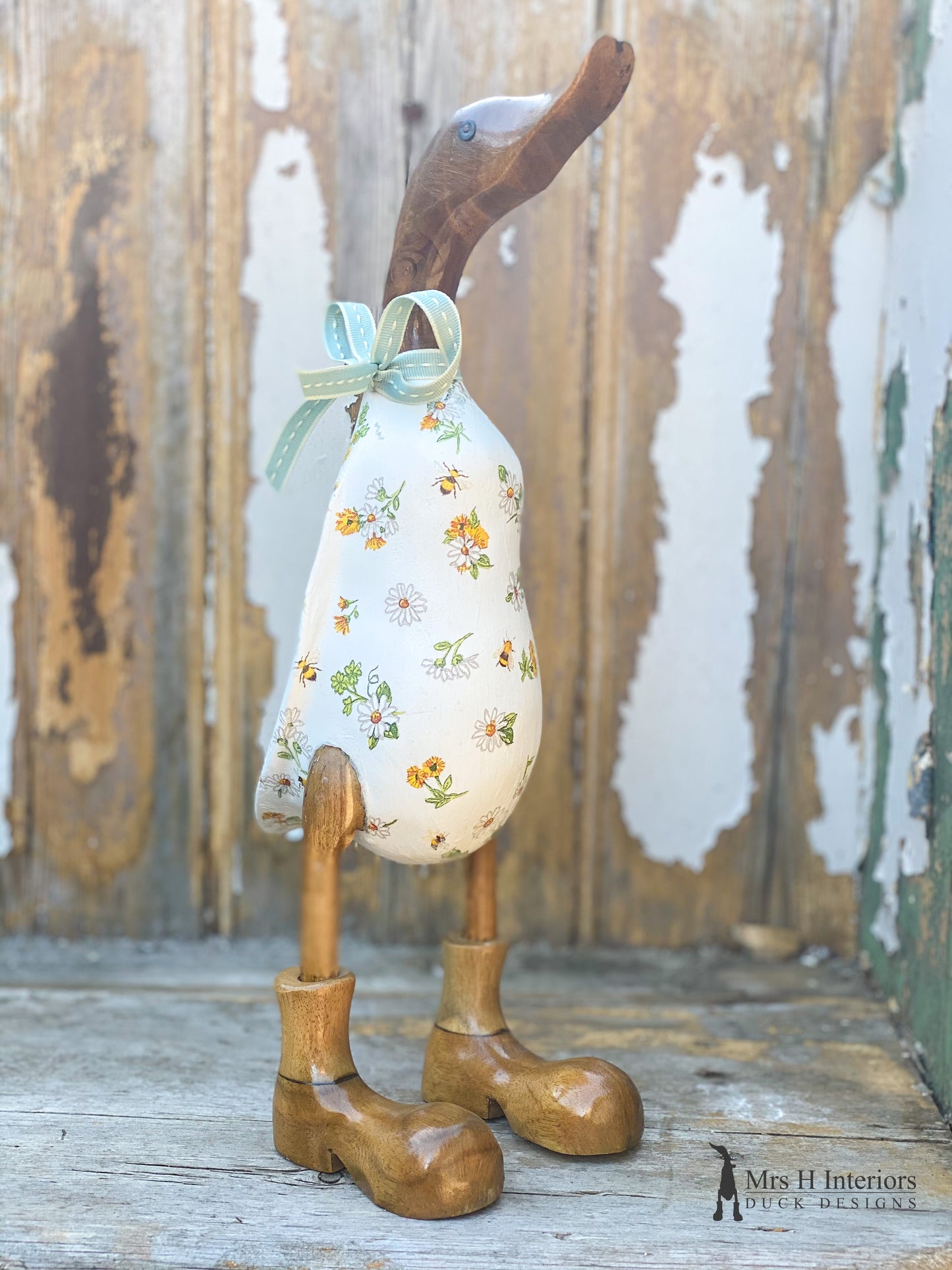 Daisy & Bee - Decorated Wooden Duck in Boots by Mrs H the Duck Lady