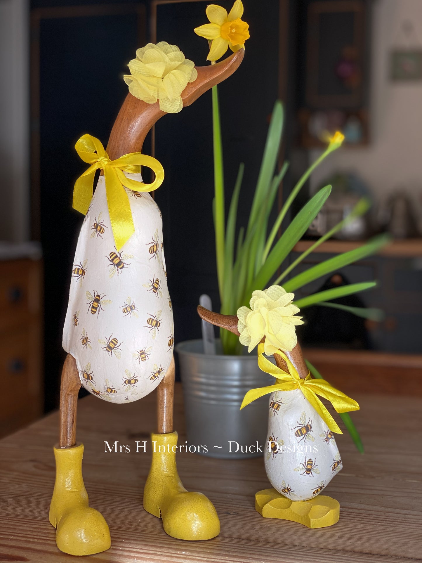 Bessy The Mini Bee Duck - Decorated Wooden Duck in Boots by Mrs H the Duck Lady