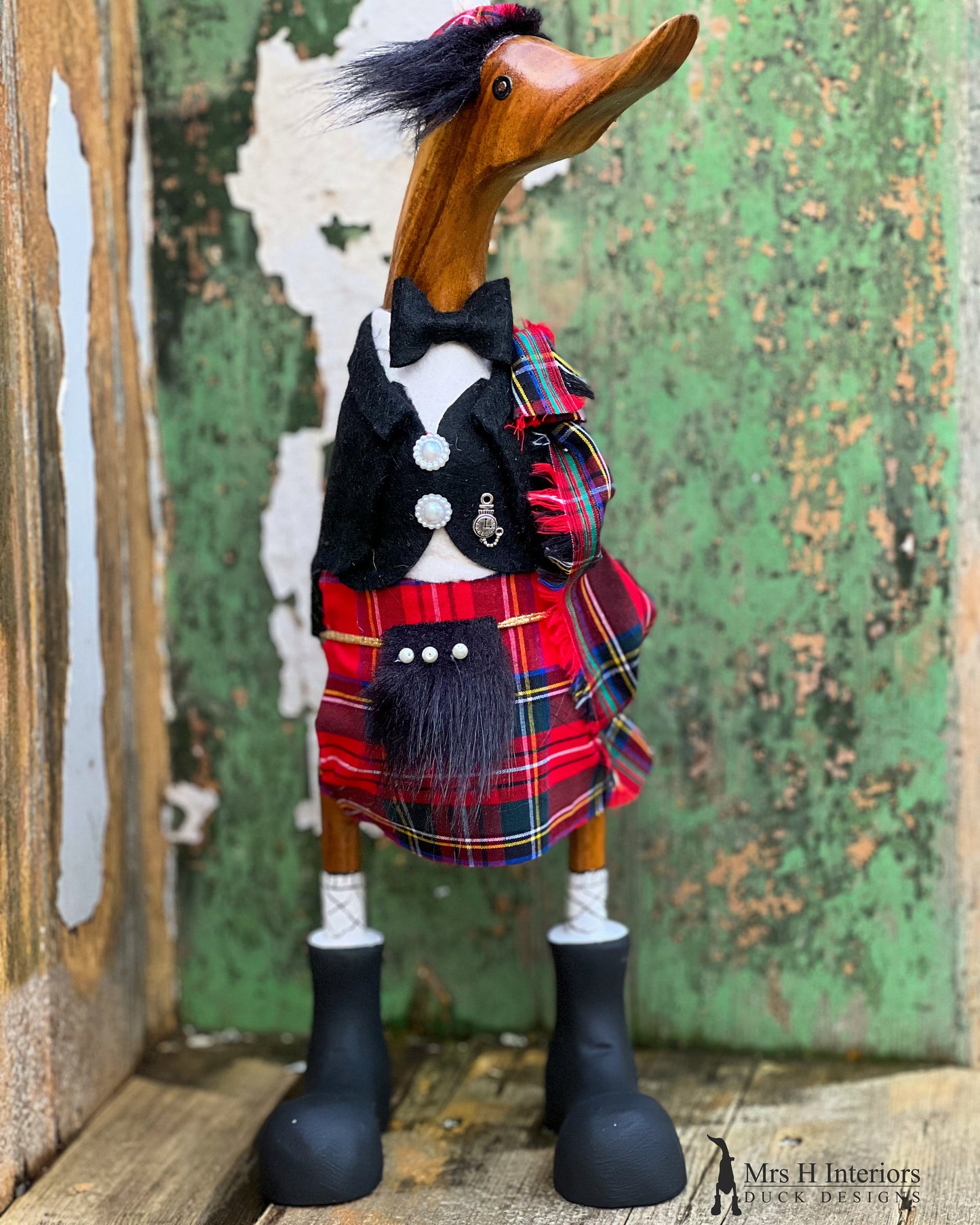 Hamish the Scottish Gent - Decorated Wooden Duck in Boots by Mrs H the Duck Lady