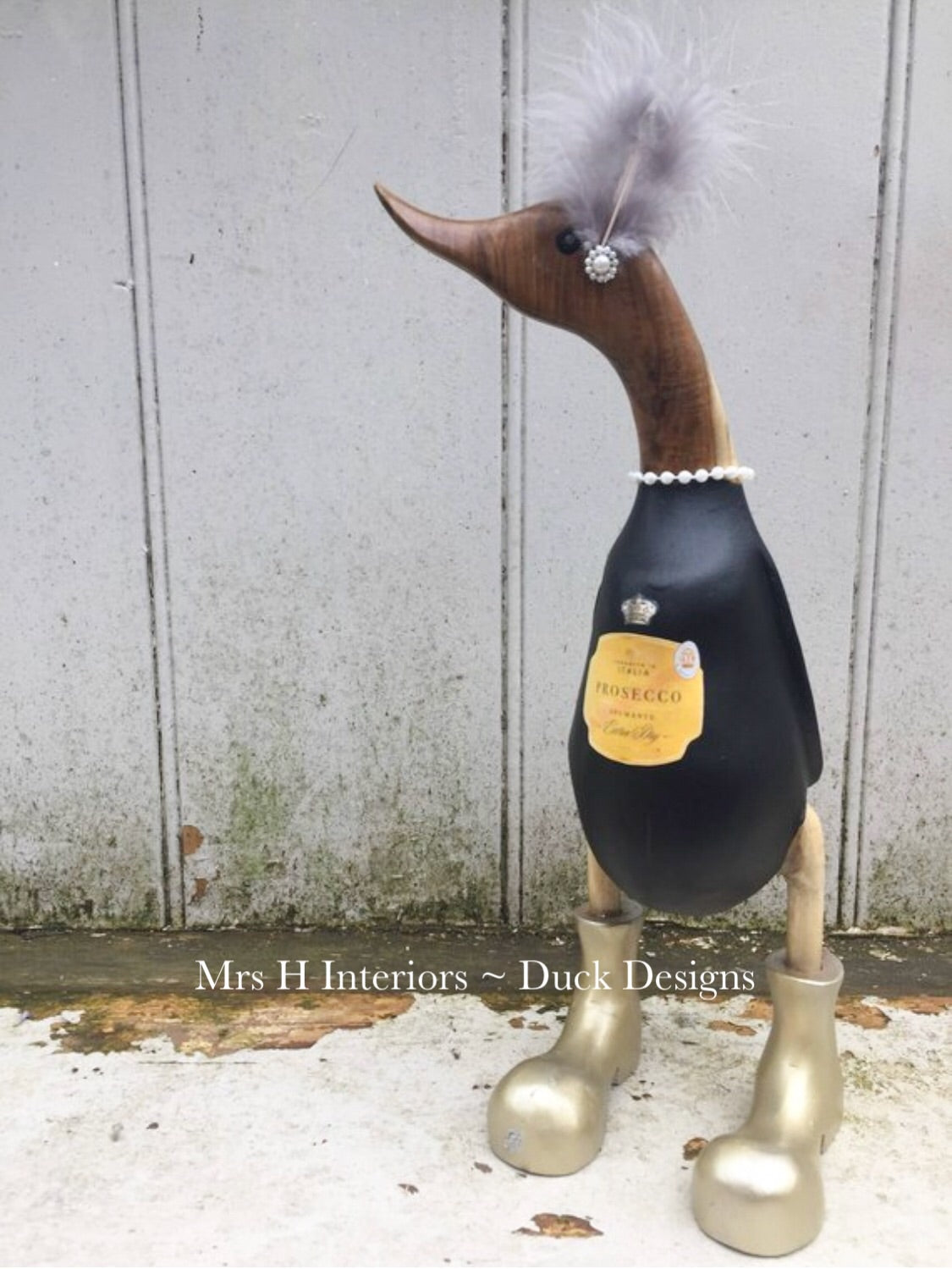 Prosecco - Decorated Wooden Duck in Boots by Mrs H the Duck Lady