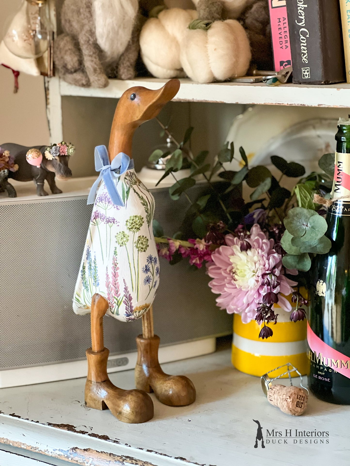 Kate, the country floral, decorated Wooden Duck in Boots by Mrs H the Duck Lady