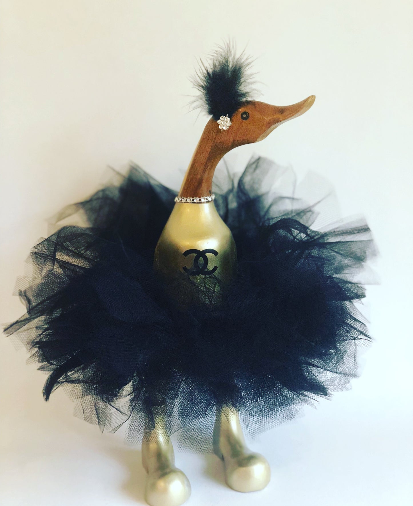 Gabrielle, champagne gold with black tutu Duck - Decorated Wooden Duck in Boots by Mrs H the Duck Lady