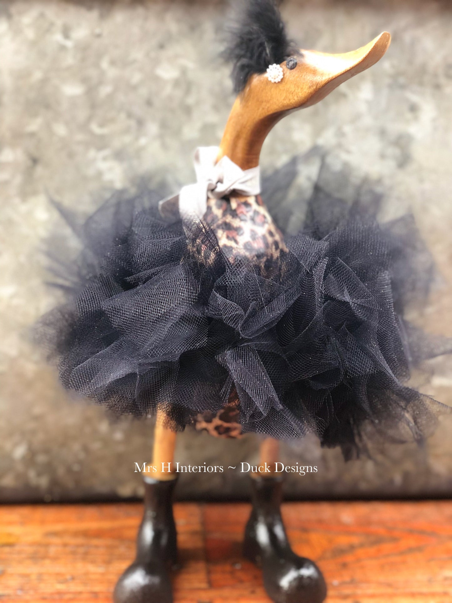 Foxy The Leopard Print Duck in Fur Cape - Decorated Wooden Duck in Boots by Mrs H the Duck Lady