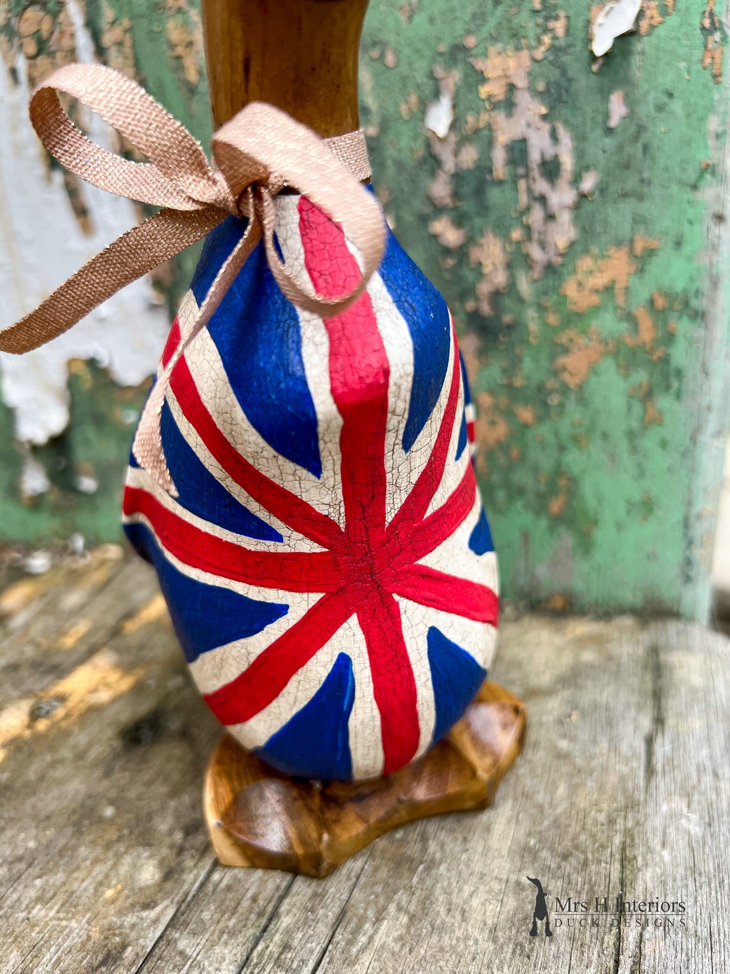 Crackle Jack Wooden Duck - The Union Jack UK Flag Duck - Coronation Decorated Wooden Duck in Boots by Mrs H the Duck Lady