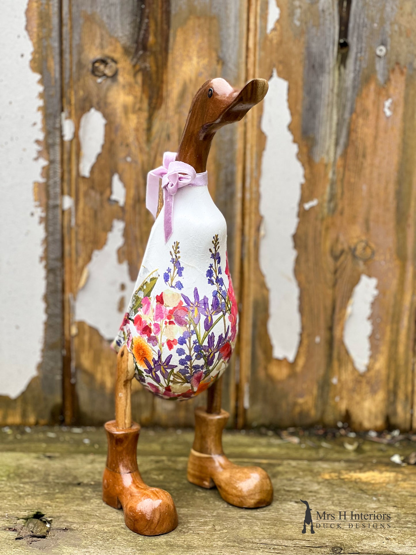 Iris - Decorated Wooden Duck in Boots by Mrs H the Duck Lady
