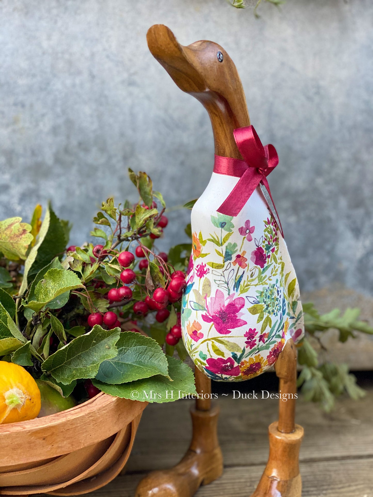 Autumn Flower - Decorated Wooden Duck in Boots by Mrs H the Duck Lady
