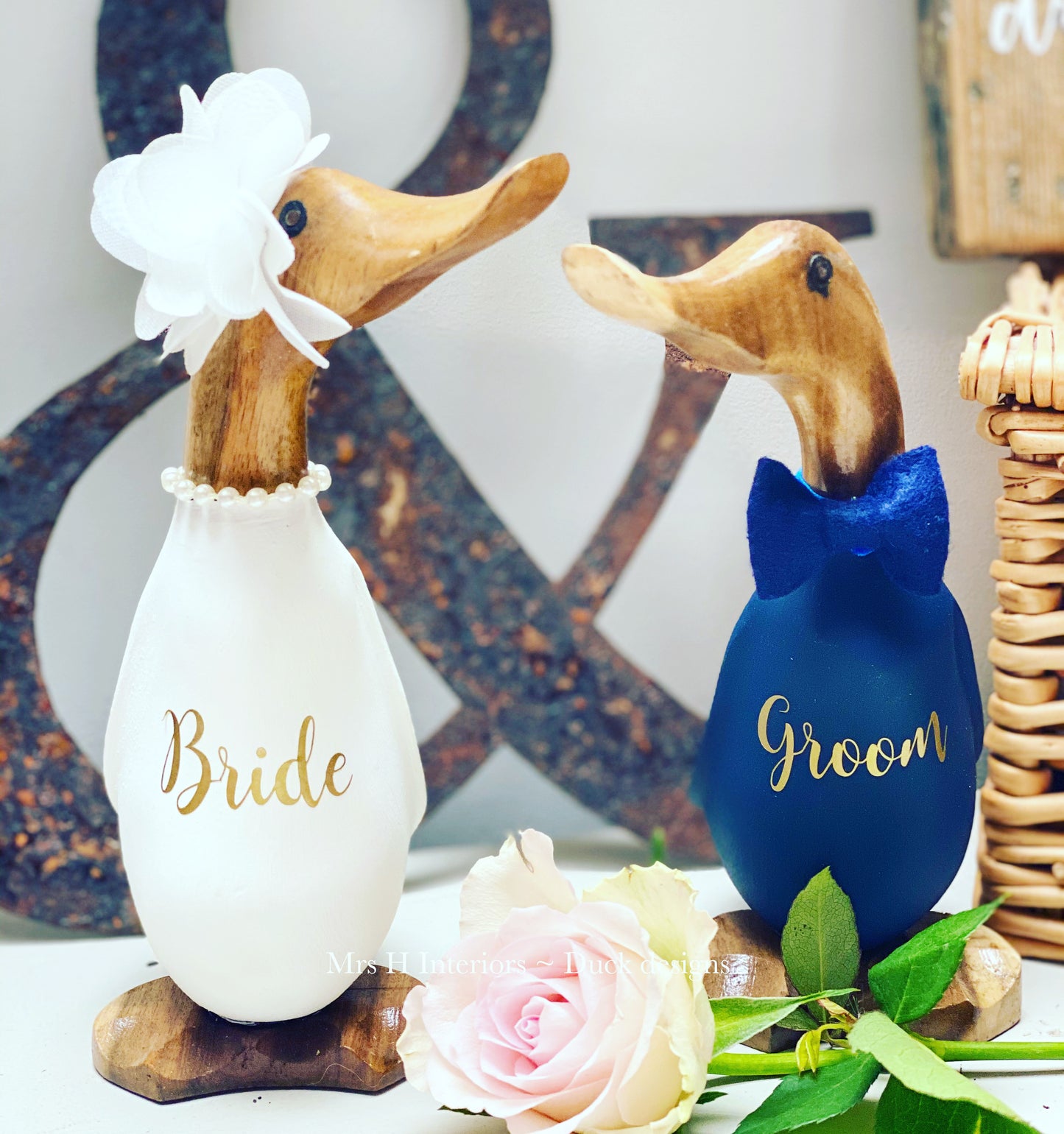 Bridal Couple - Wedding Pair Ducklets - Decorated Wooden Duck in Boots by Mrs H the Duck Lady