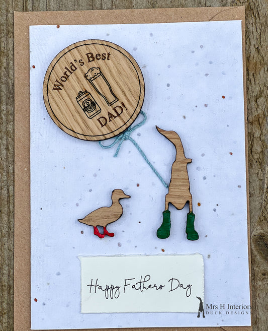 For Him - Birthday or Father’s Day Card with badge or magnet - Decorated Wooden Duck in Boots by Mrs H the Duck Lady