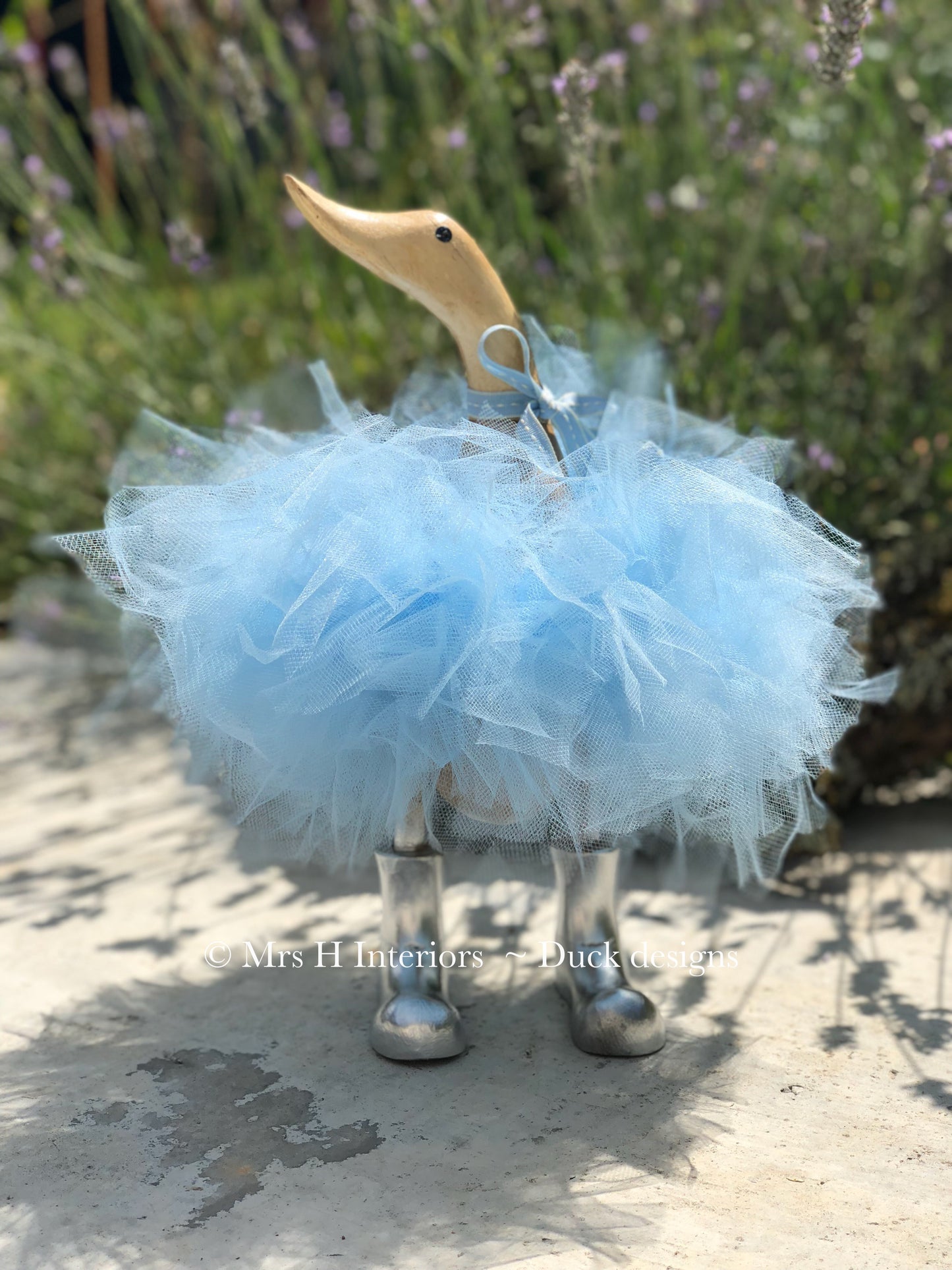 Powder blue Tutu Duck - Decorated Wooden Duck in Boots by Mrs H the Duck Lady