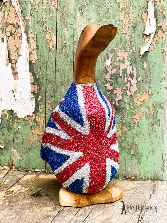 Sparkle Jack Union Jack Flag Duck - Coronation Souvenir Decorated Wooden Duck in Boots by Mrs H the Duck Lady
