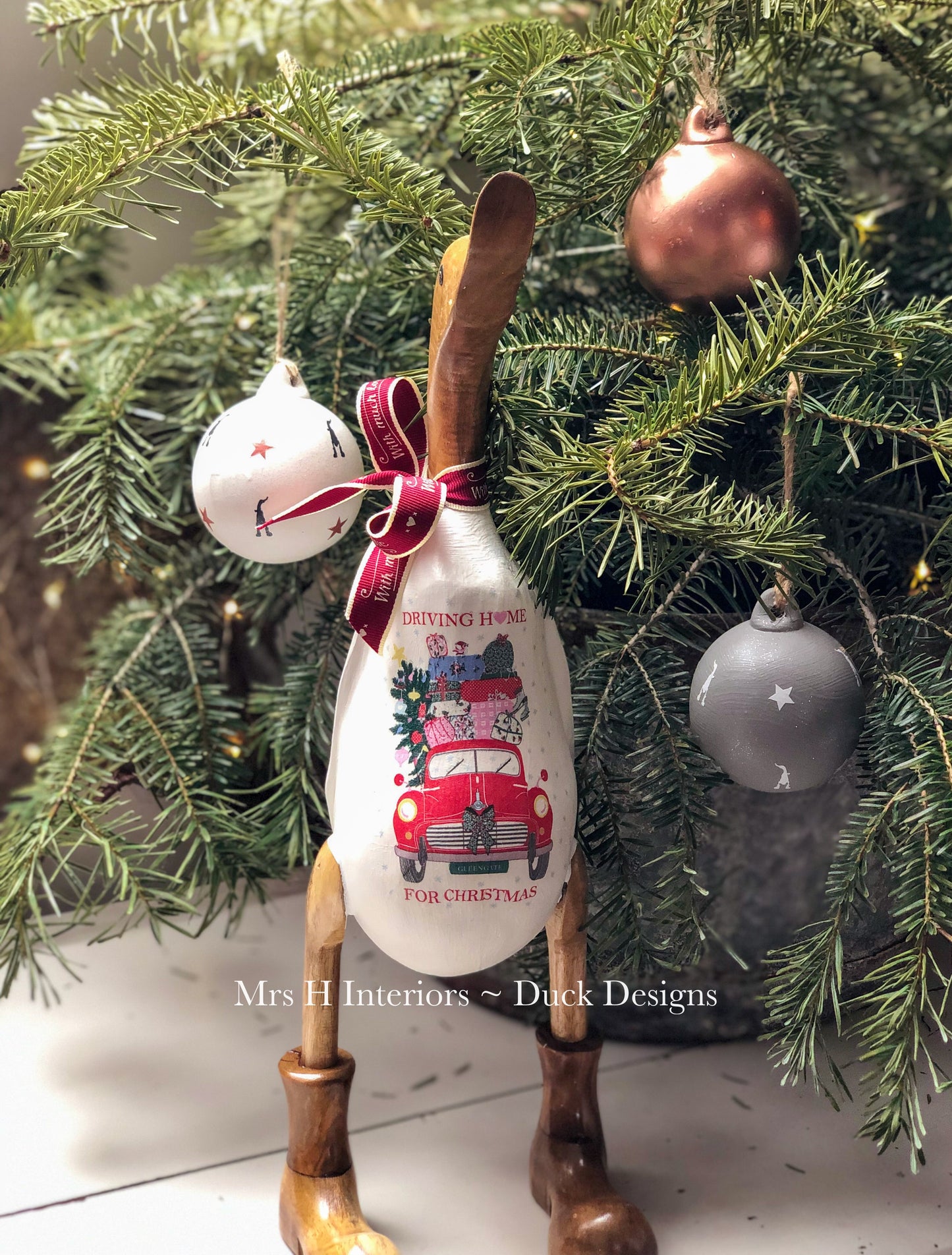 Driving Home for Christmas -  - Decorated Wooden Duck in Boots by Mrs H the Duck Lady