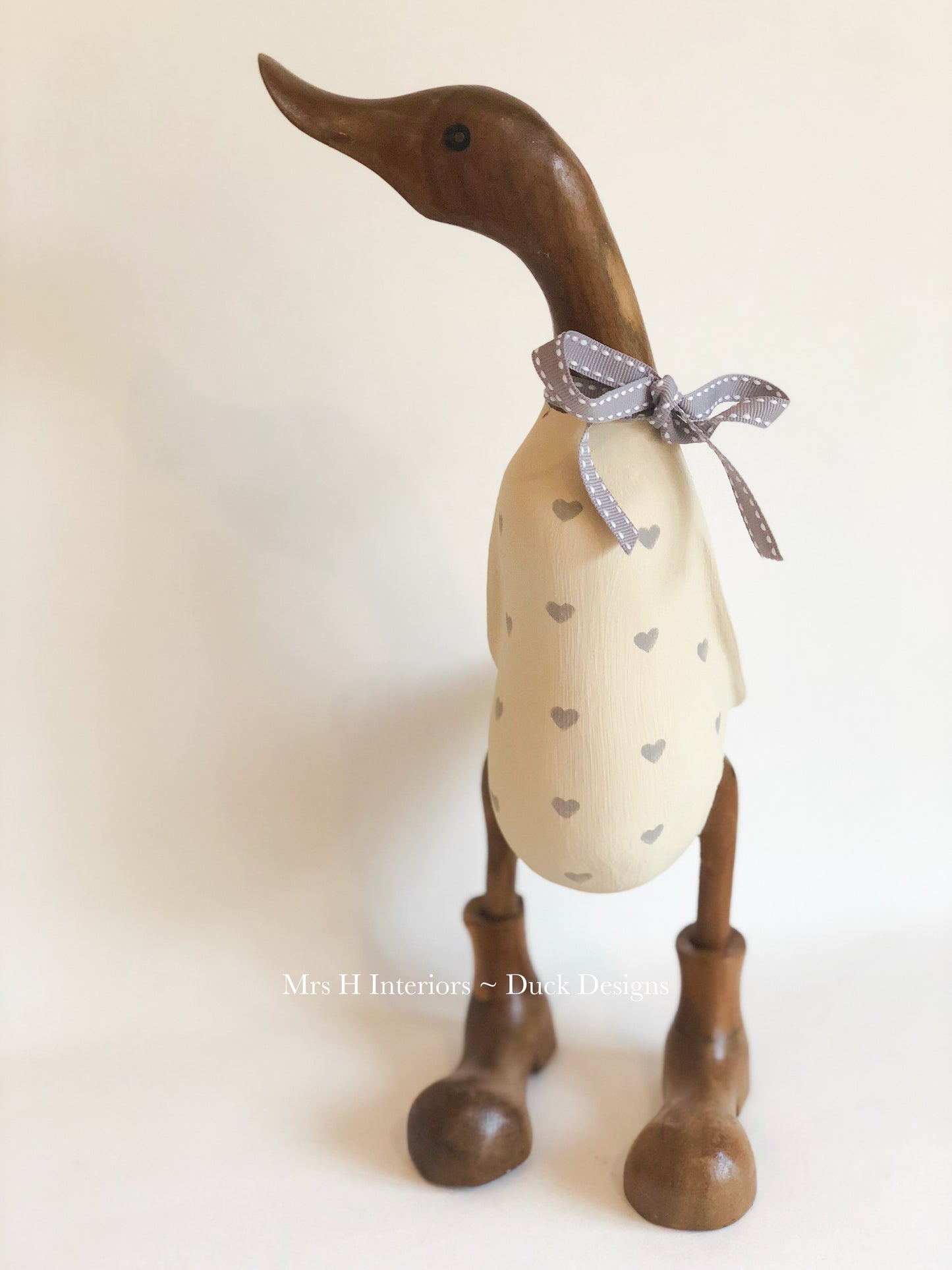 Love Duck - Cream - Decorated Wooden Duck in Boots by Mrs H the Duck Lady