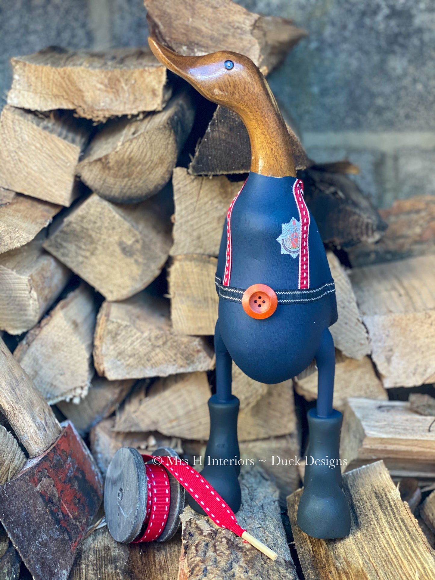 Fred The Fireman Duck - Decorated Wooden Duck in Boots by Mrs H the Duck Lady
