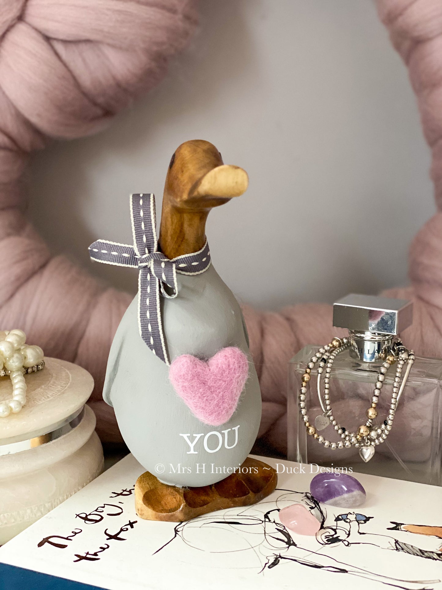 Love you - Decorated Wooden Duck in Boots by Mrs H the Duck Lady