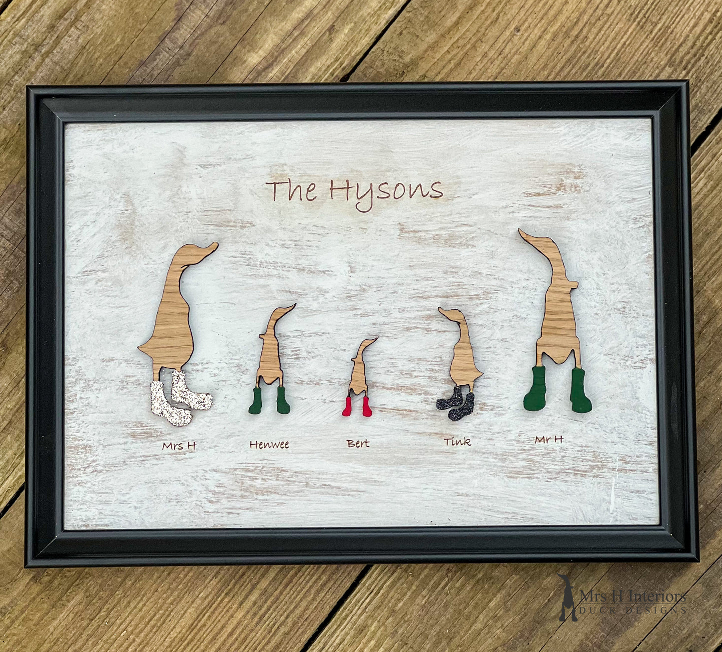 Family portrait (A4 size) - Personalised Decorated Wooden Ducks in Boots by Mrs H the Duck Lady