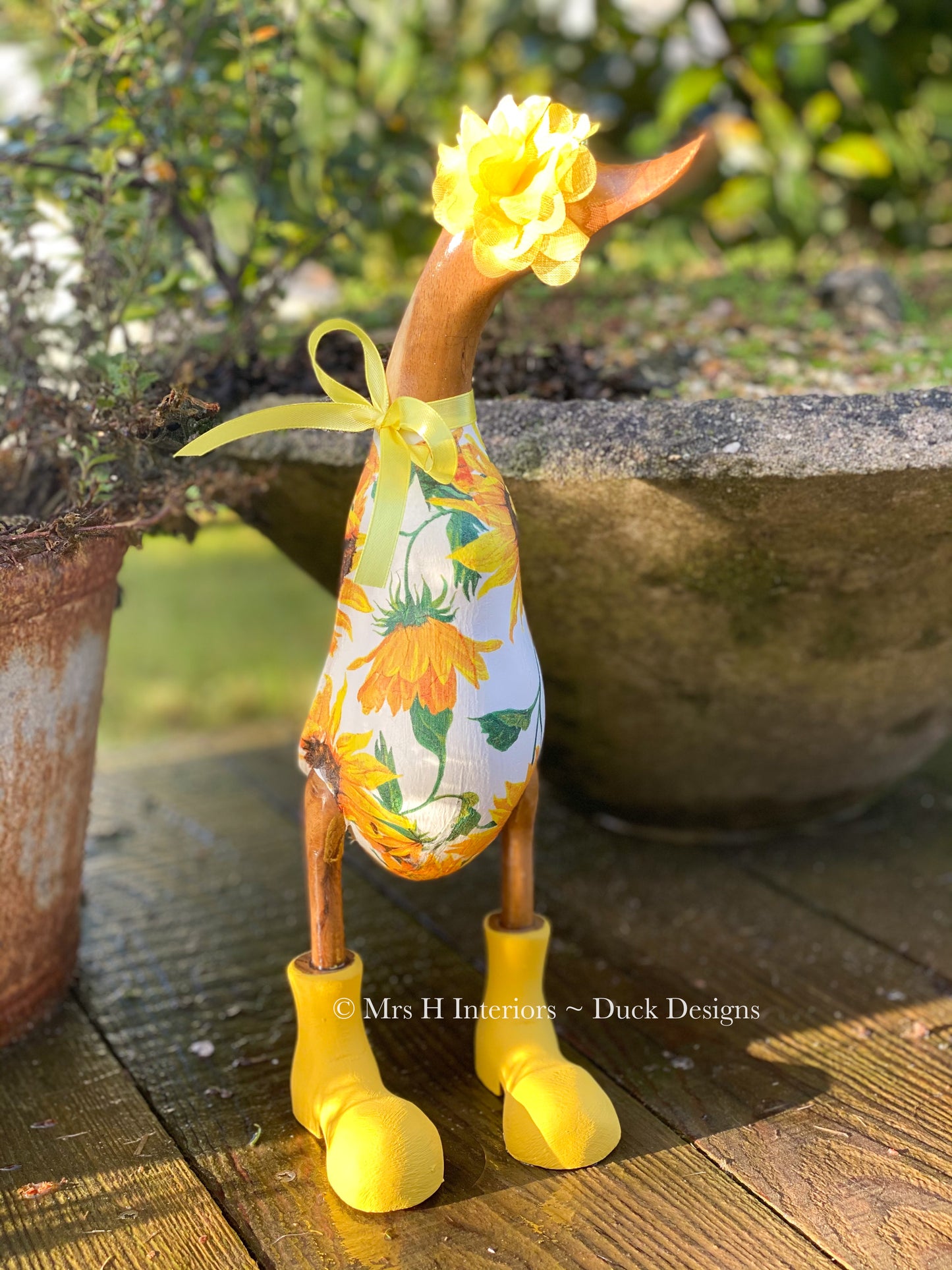 Marigold the sunflower duck - Decorated Wooden Duck in Boots by Mrs H the Duck Lady