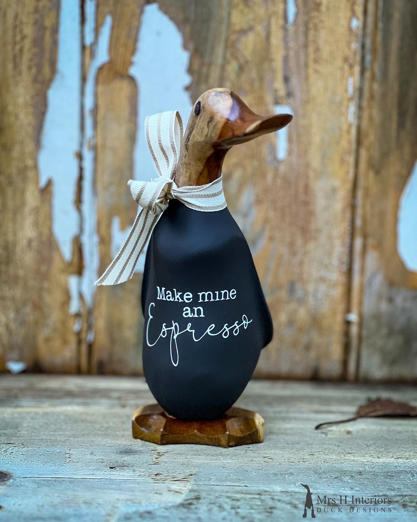 Espresso - Decorated Wooden Duck in Boots by Mrs H the Duck Lady