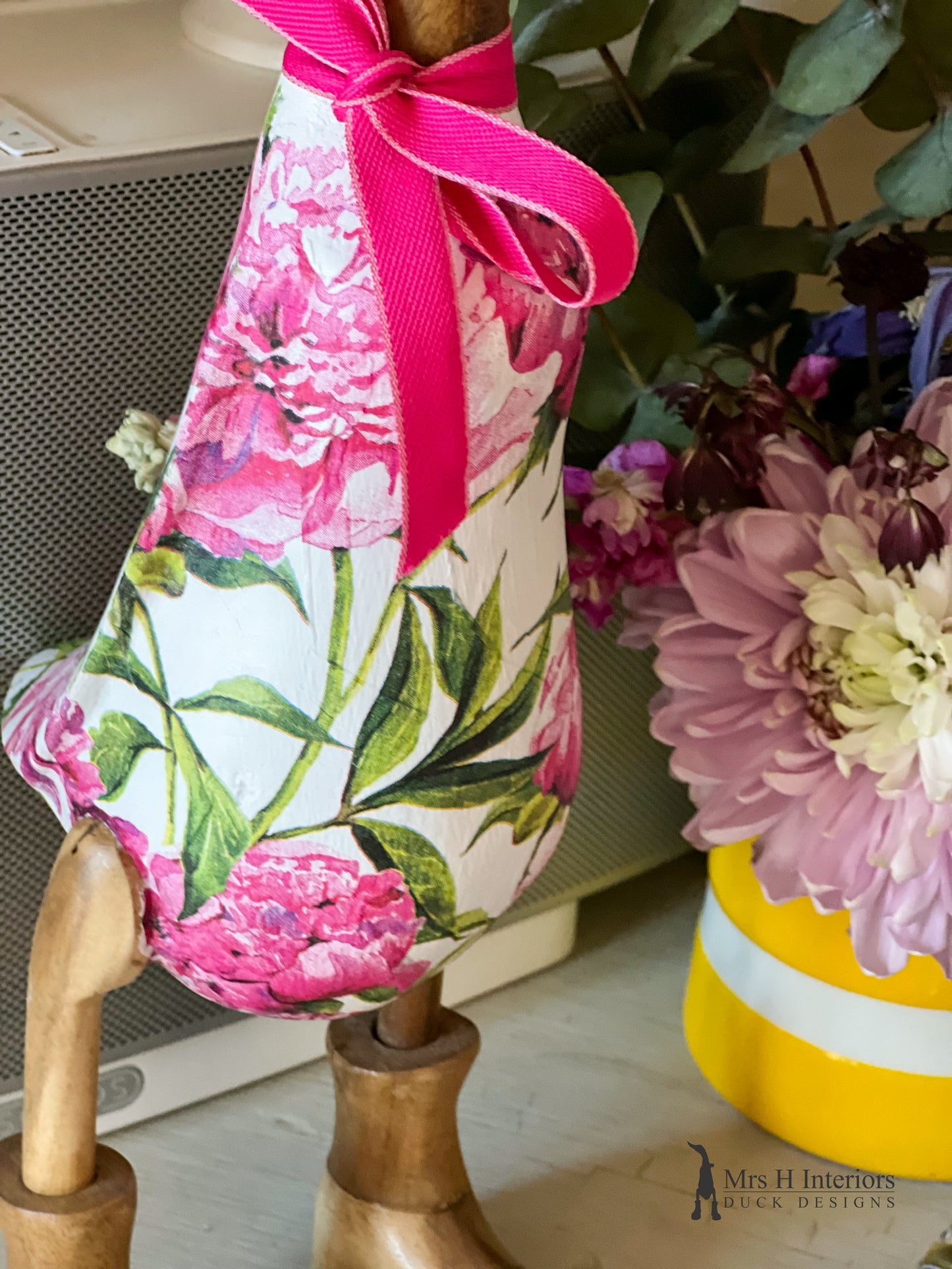 Pink Peony - The Floral Decorated Wooden Duck in Boots by Mrs H the Duck Lady