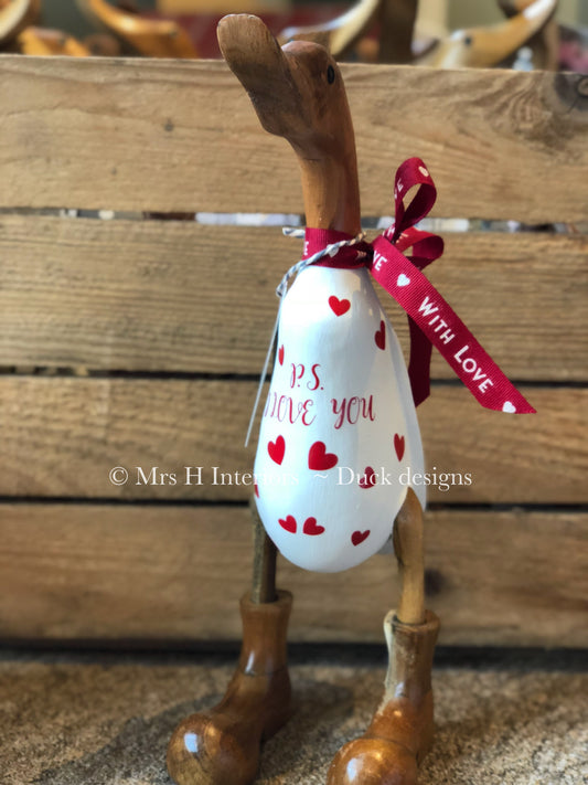 Ps I love you - Decorated Wooden Duck in Boots by Mrs H the Duck Lady