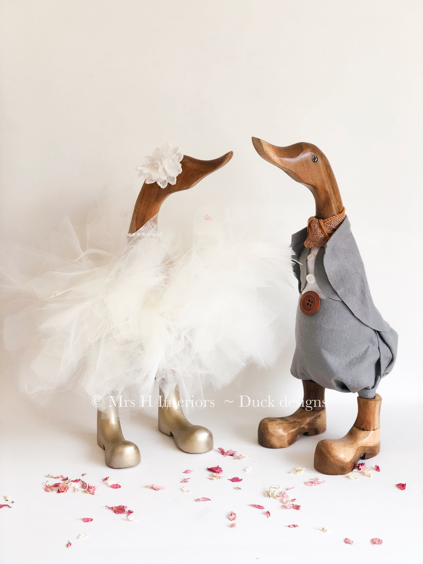 Bridal Couple - Tutu Bride & Grey Groom Wedding Pair - Decorated Wooden Duck in Boots by Mrs H the Duck Lady