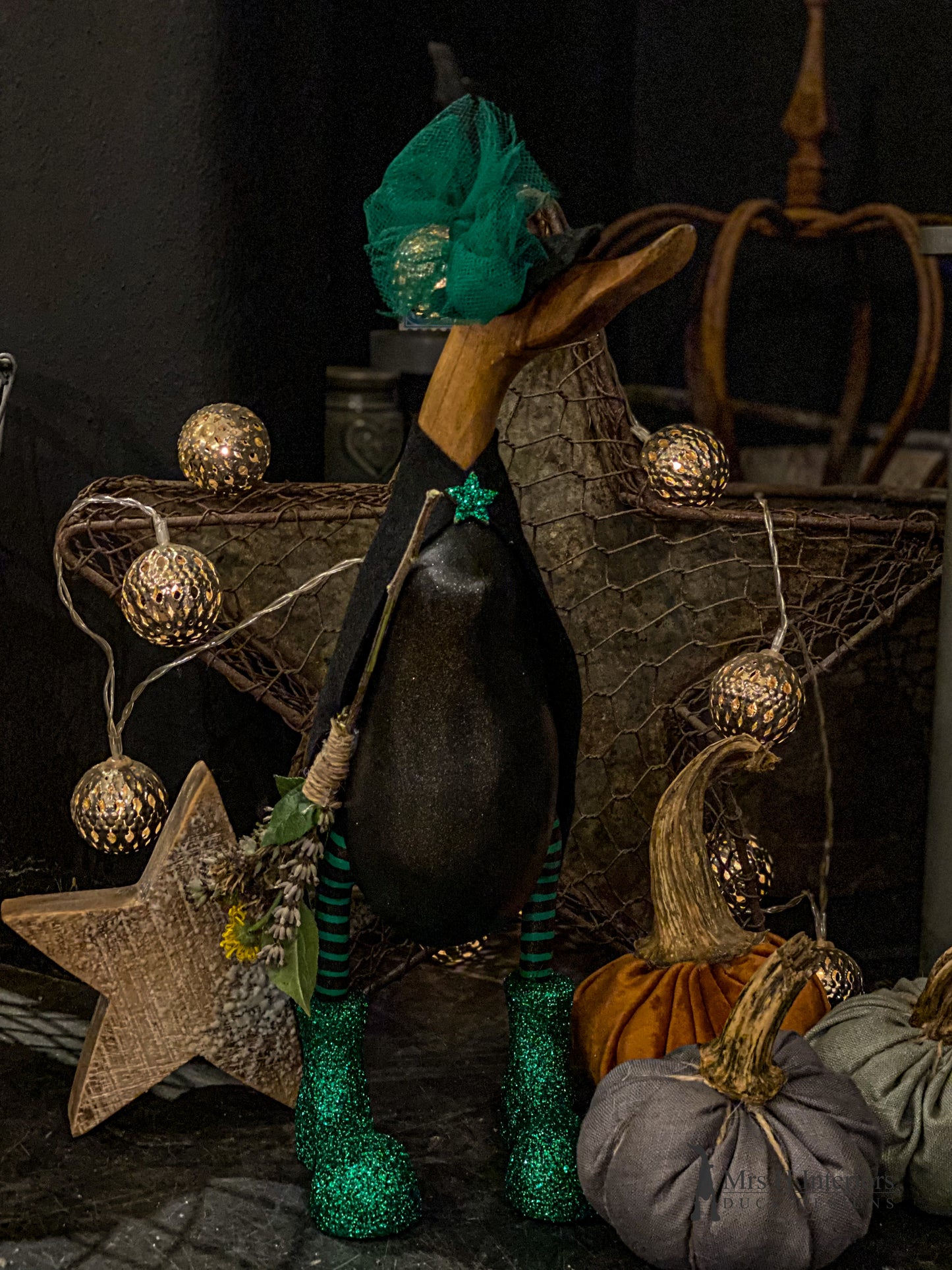Jean The Witch Duck - Decorated Wooden Duck in Boots by Mrs H the Duck Lady