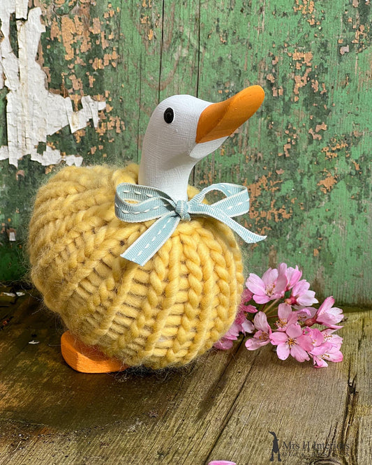 Blossom, the fluffy jumper wearing duck by Mrs H the duck lady.