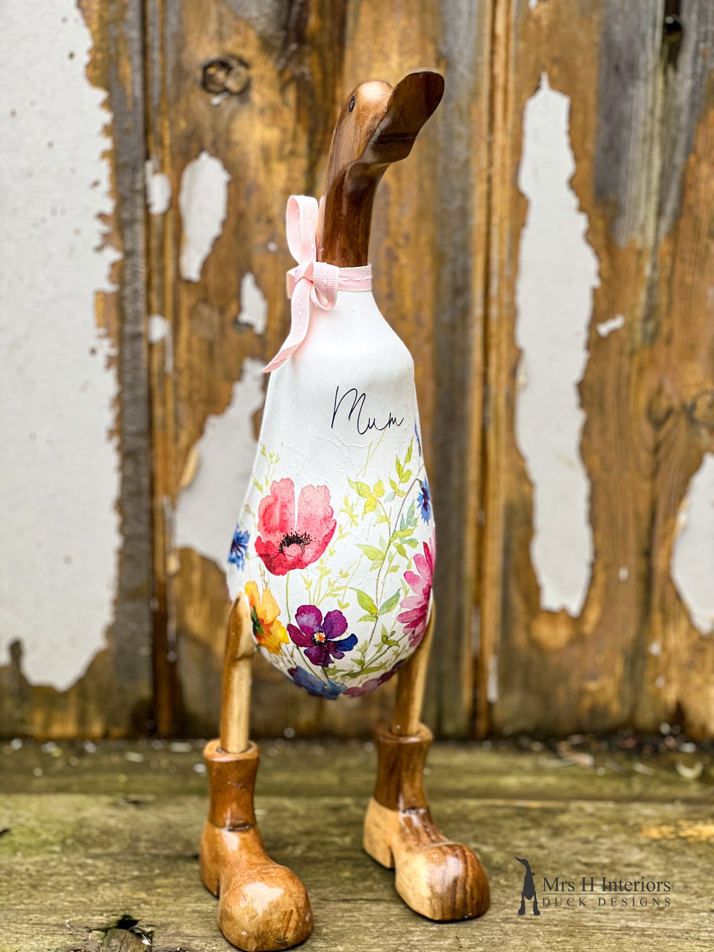Annie - Poppies and Flowers Personalised Decorated Wooden Duck in Boots by Mrs H the Duck Lady