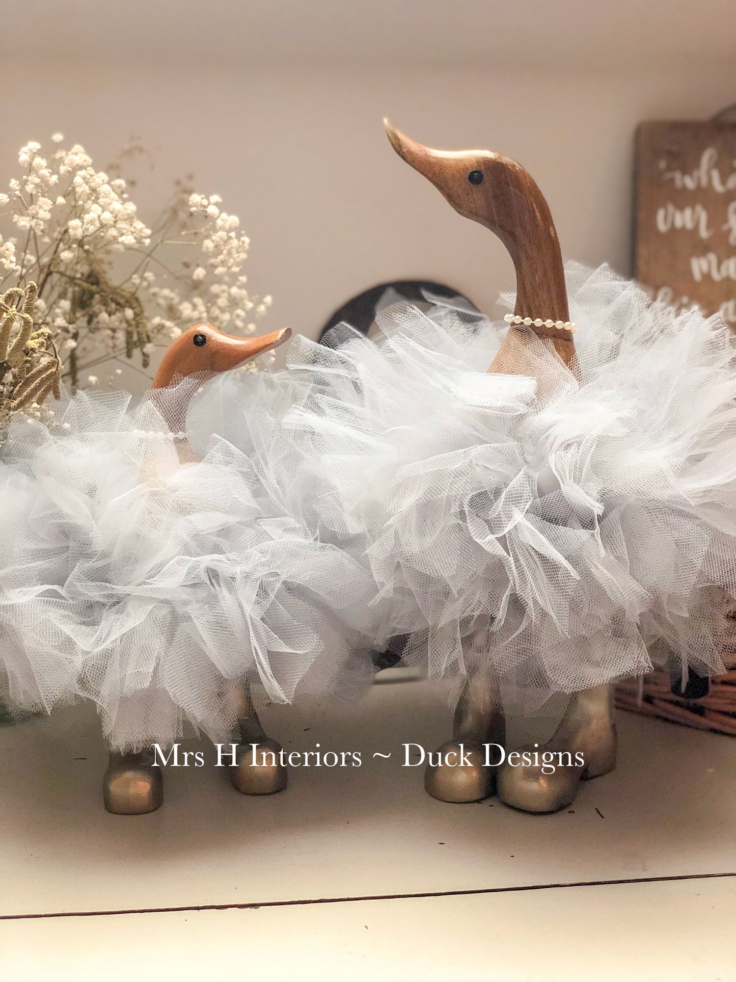 Tutu and pearls - Decorated Wooden Duck in Boots by Mrs H the Duck Lady