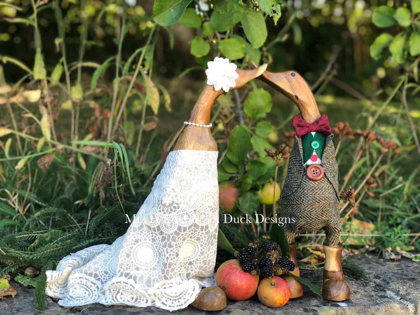 Bridal Couple - Vintage Style Wedding Pair - Navy Groom - Decorated Wooden Duck in Boots by Mrs H the Duck Lady