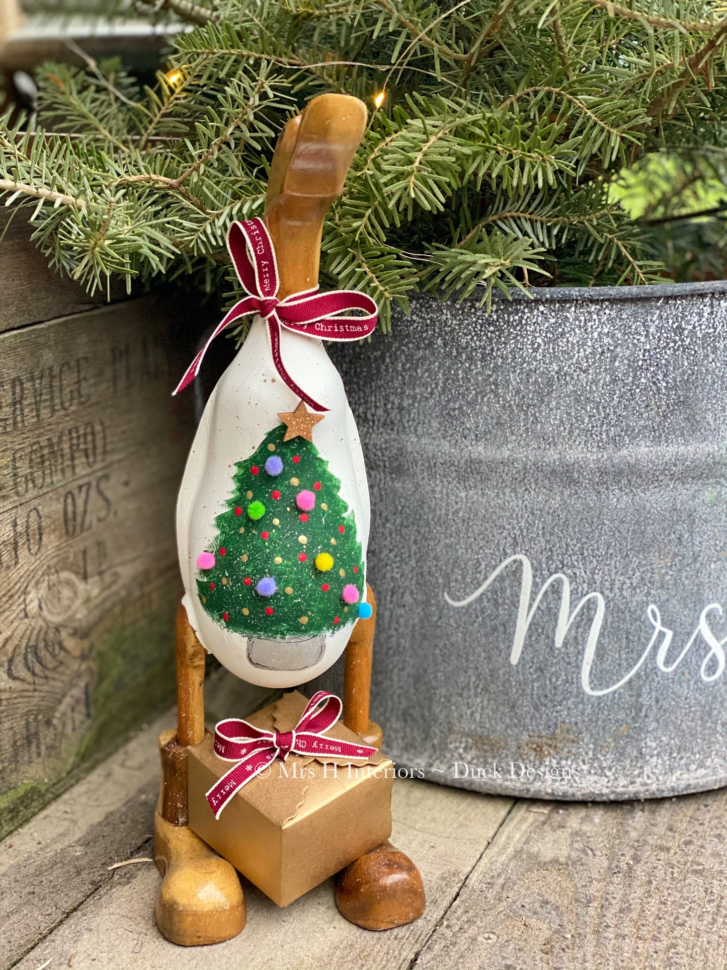 Oh Christmas tree - Decorated Wooden Duck in Boots by Mrs H the Duck Lady
