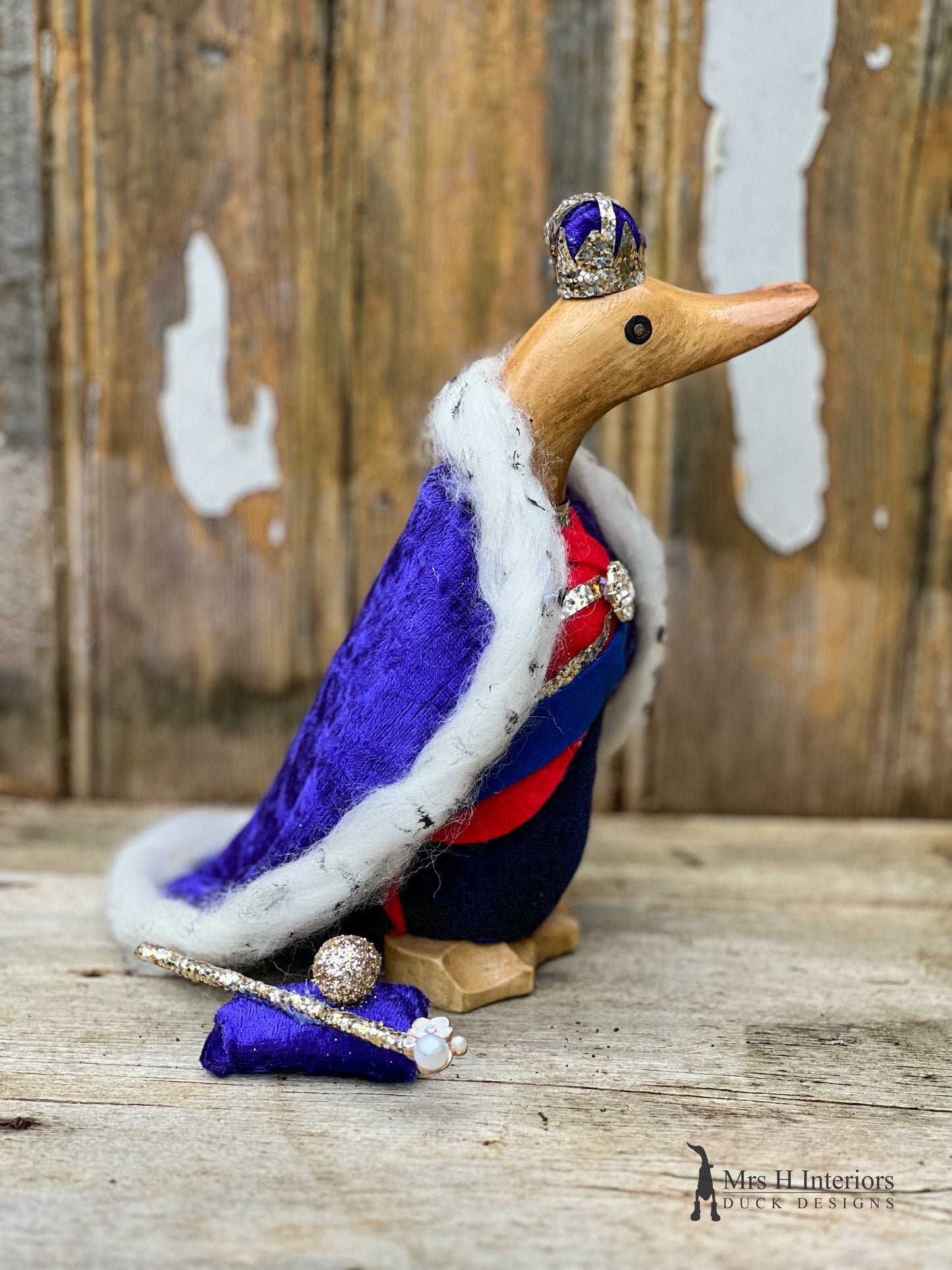HRH King Charles III Coronation Duck - Decorated Wooden Duck by Mrs H the Duck Lady