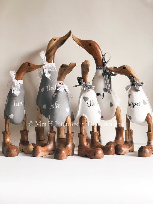 Family of Six Wooden Ducks - Decorated Wooden Duck in Boots by Mrs H the Duck Lady