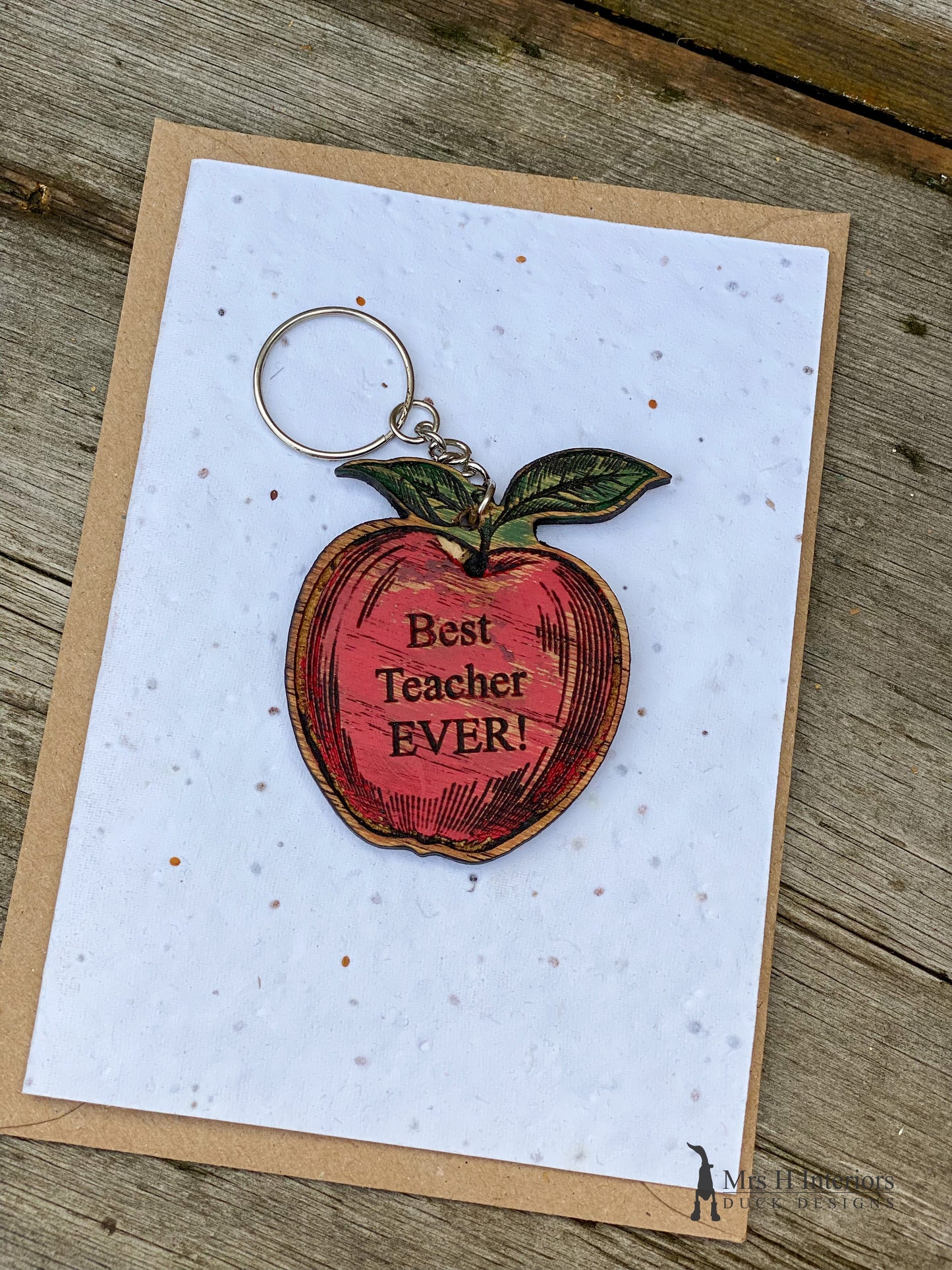 Thank You Teacher Card - Engraved Apple in Oak