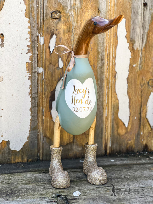 Hen Do (Name & Date) - Personalised Decorated Wooden Duck in Boots by Mrs H the Duck Lady